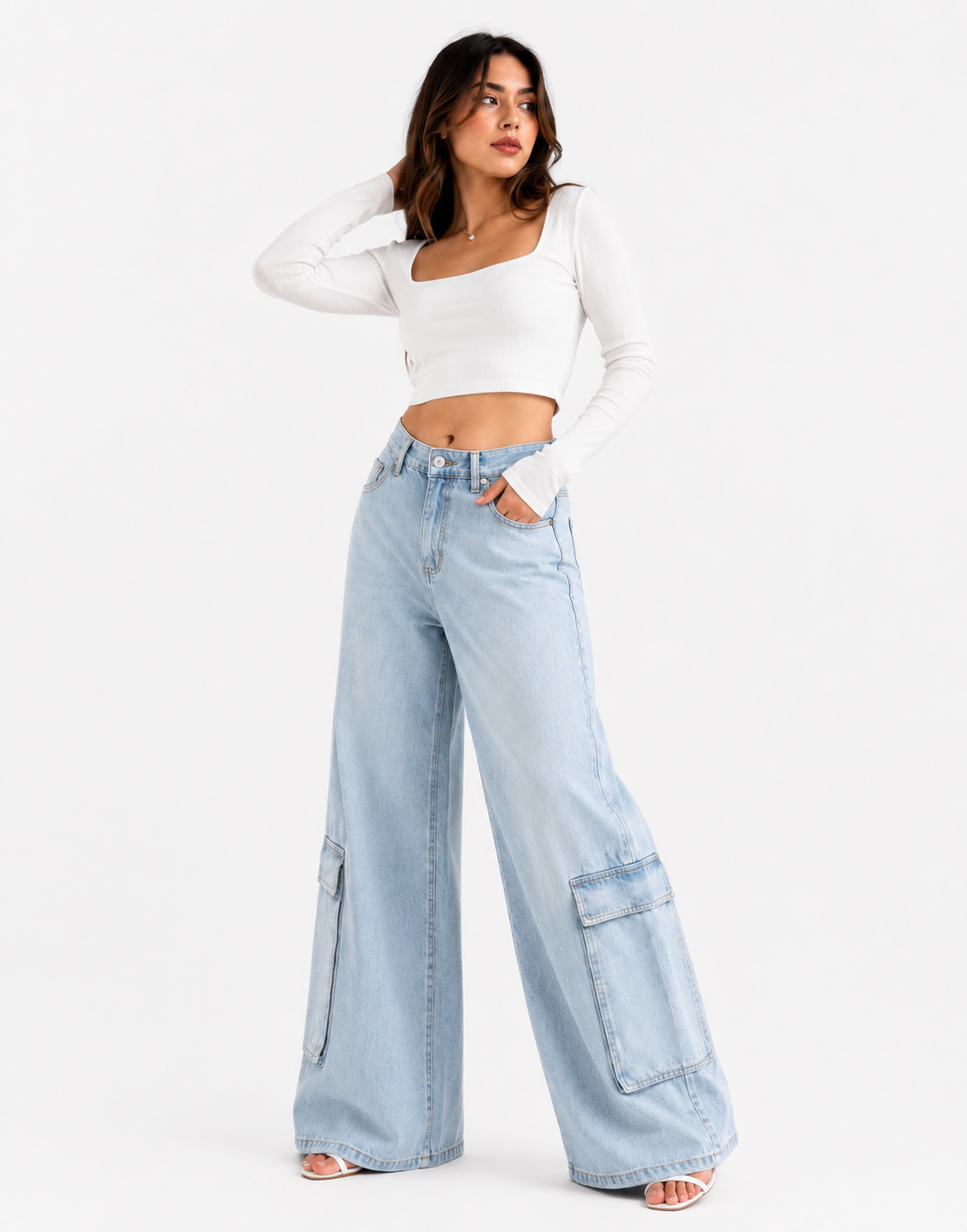 Super Wide Leg Cargo Jeans Light Wash