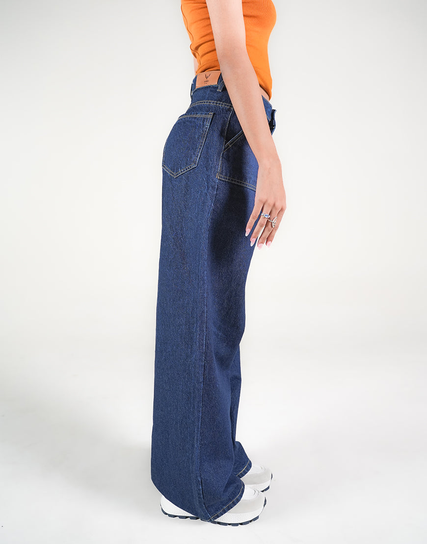 HIGH RISE WIDE LEG FLAP POCKET JEANS STONE BLUE