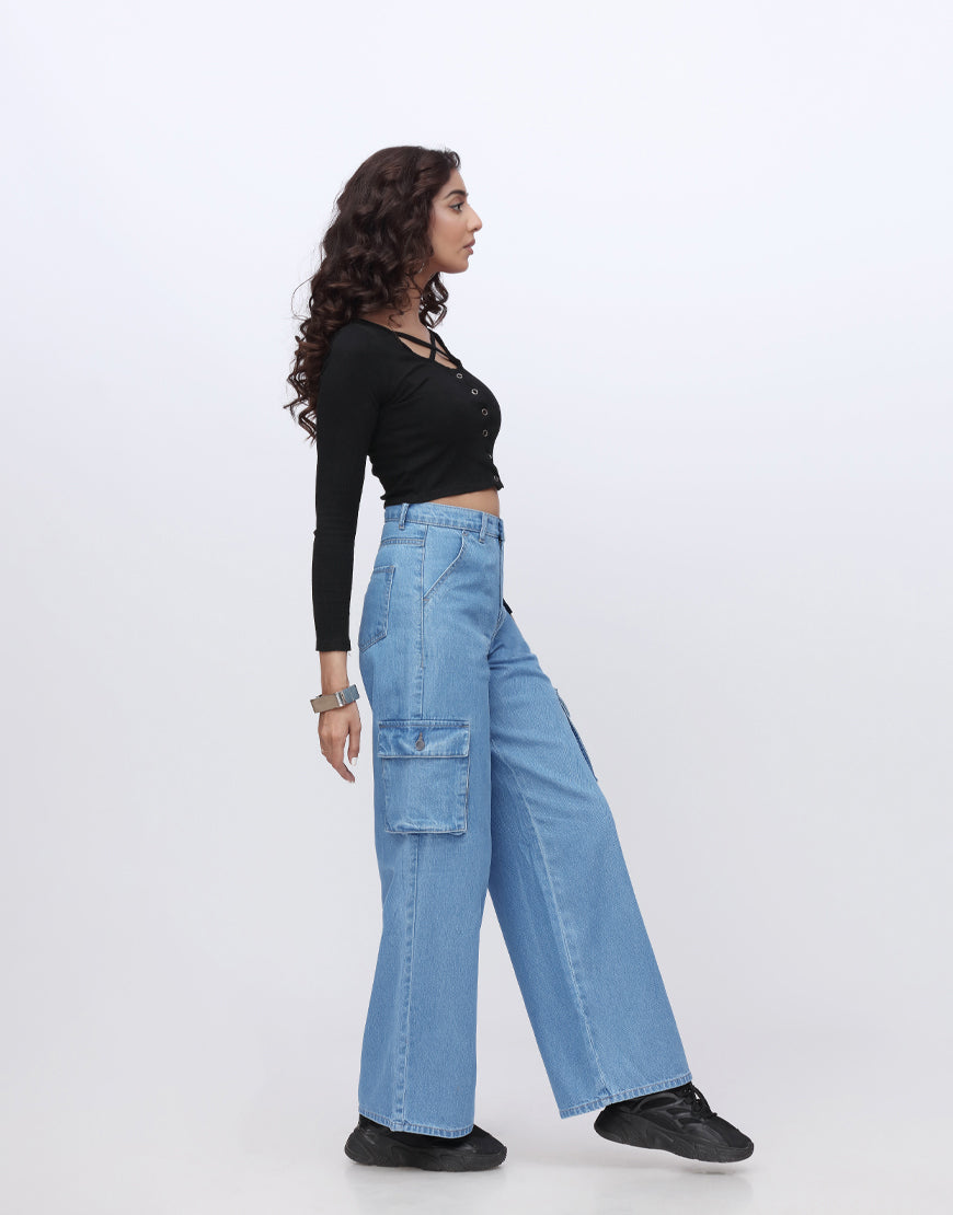 High Rise Wide Leg Cargo Jeans Medium Wash Minor Fault