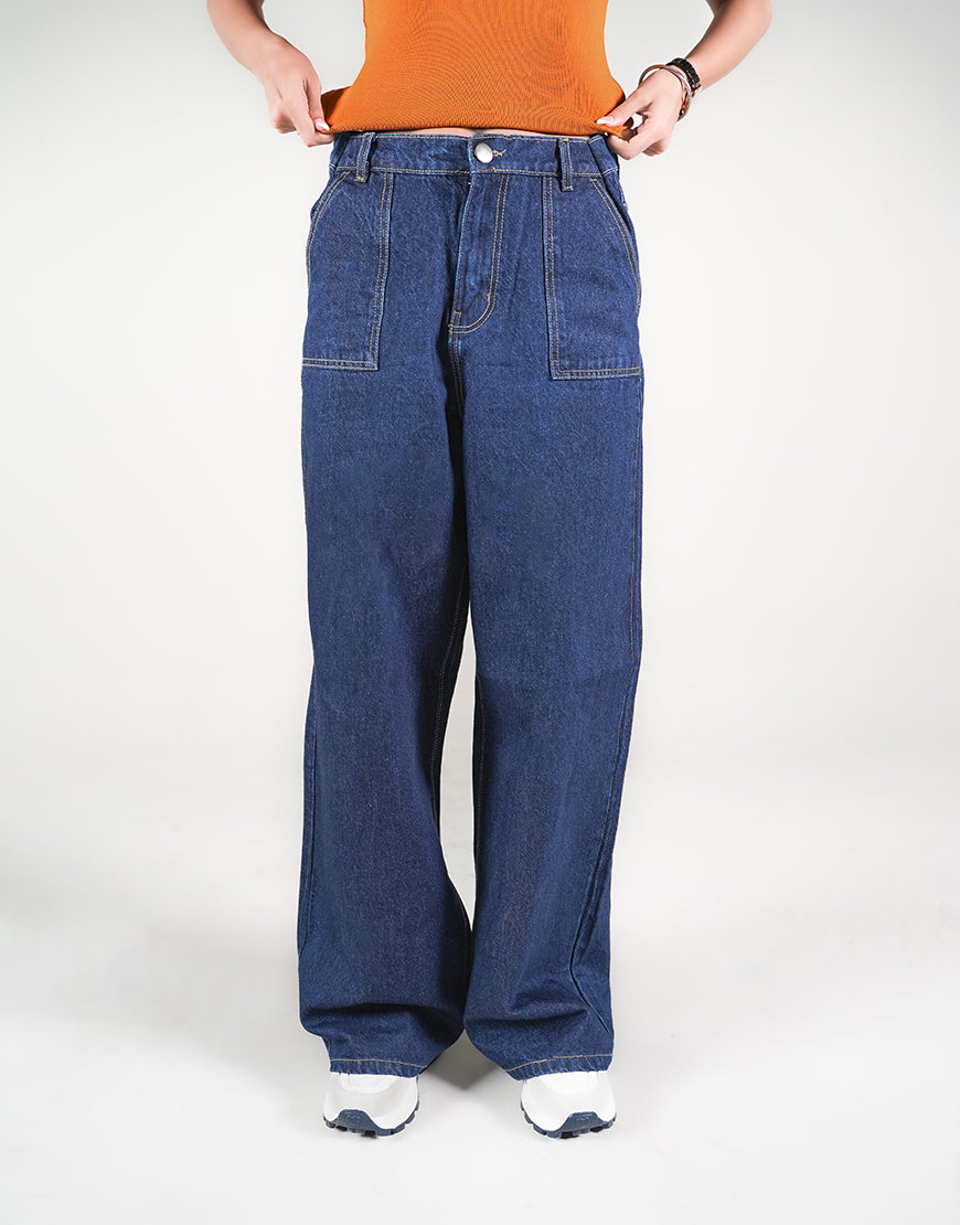 HIGH RISE WIDE LEG FLAP POCKET JEANS STONE BLUE