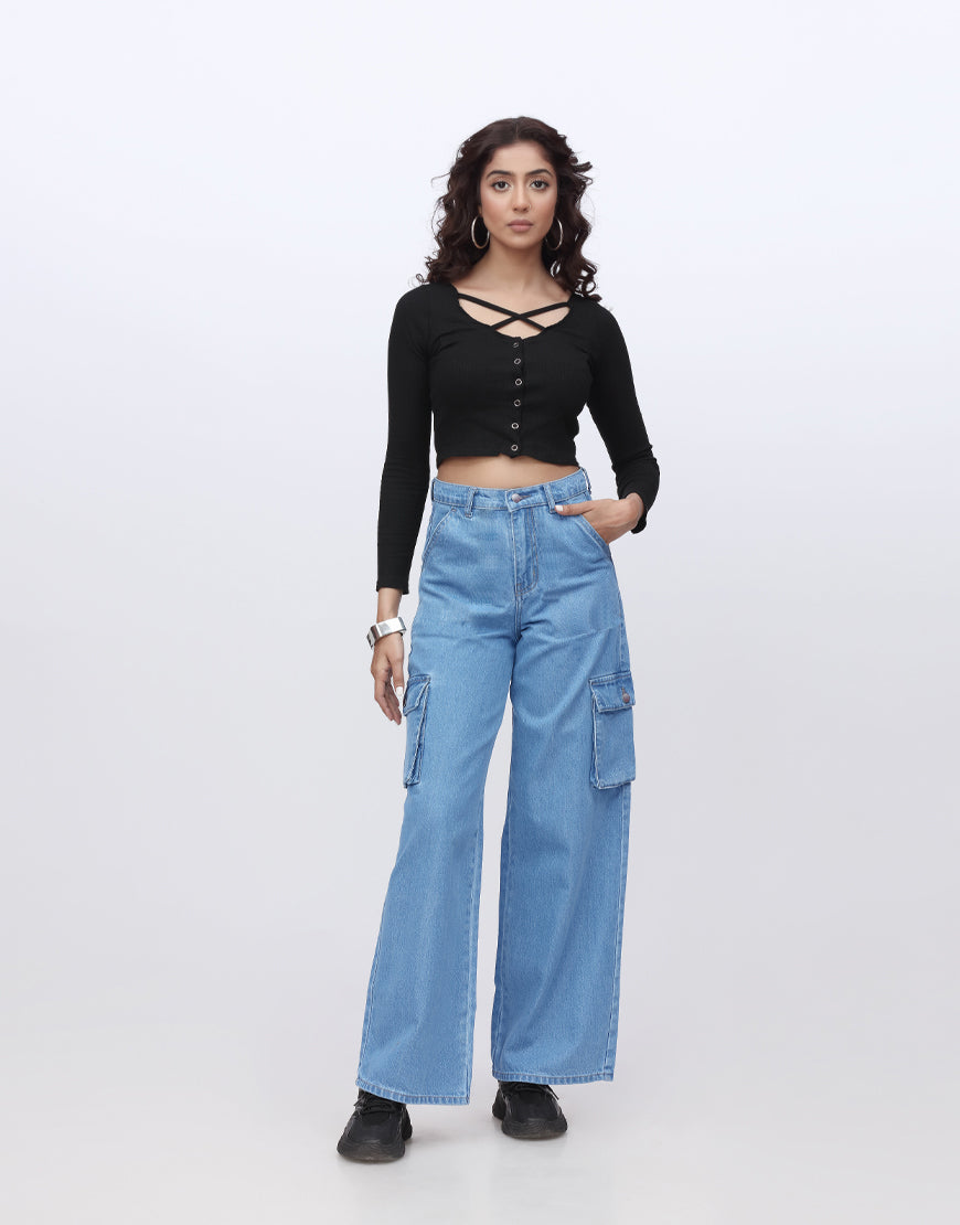 High Rise Wide Leg Cargo Jeans Medium Wash Minor Fault