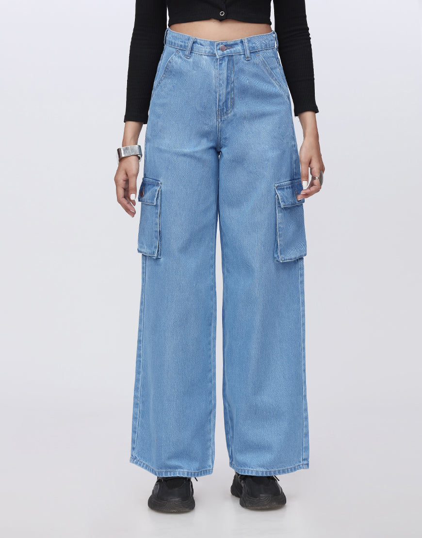 High Rise Wide Leg Cargo Jeans Medium Wash Minor Fault