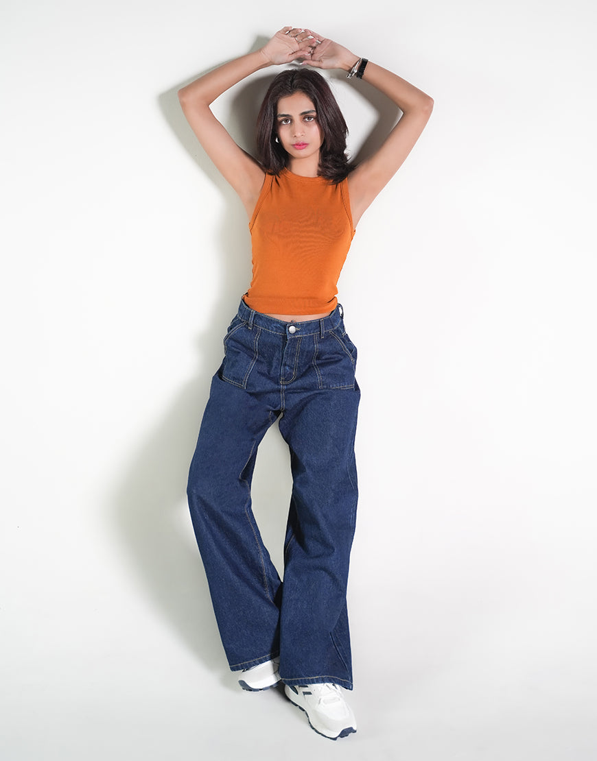 HIGH RISE WIDE LEG FLAP POCKET JEANS STONE BLUE