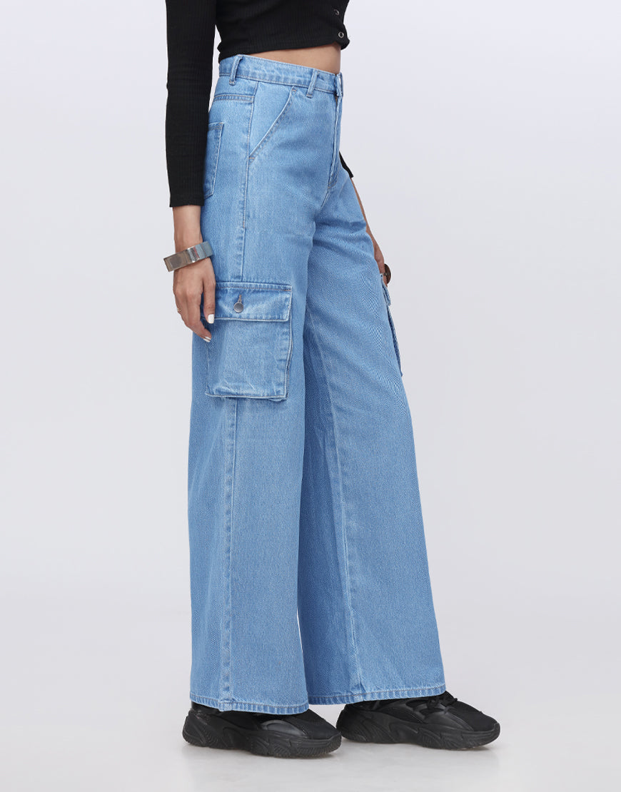 High Rise Wide Leg Cargo Jeans Medium Wash Minor Fault