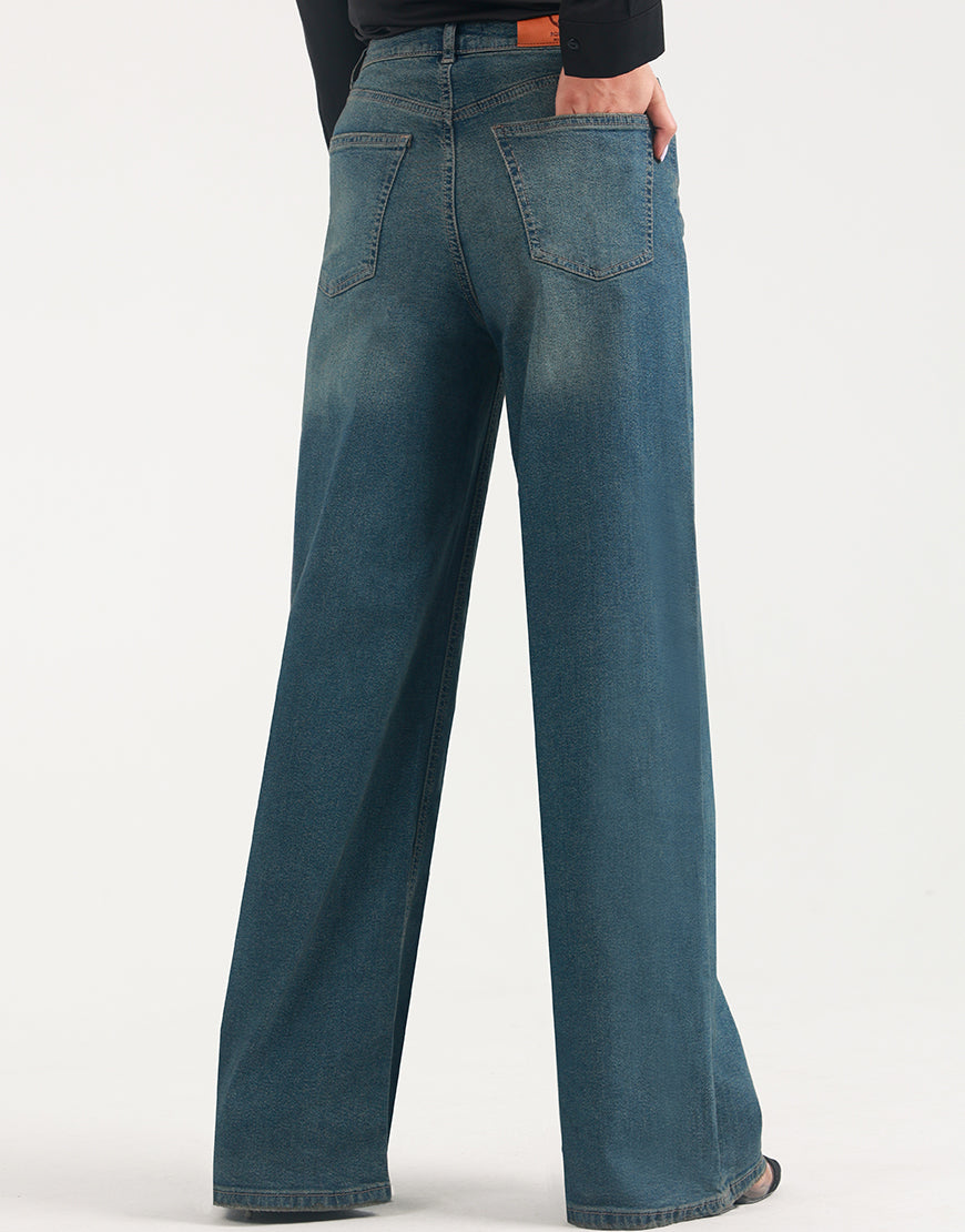 High Rise Wide Leg Faded Jeans Dark Wash
