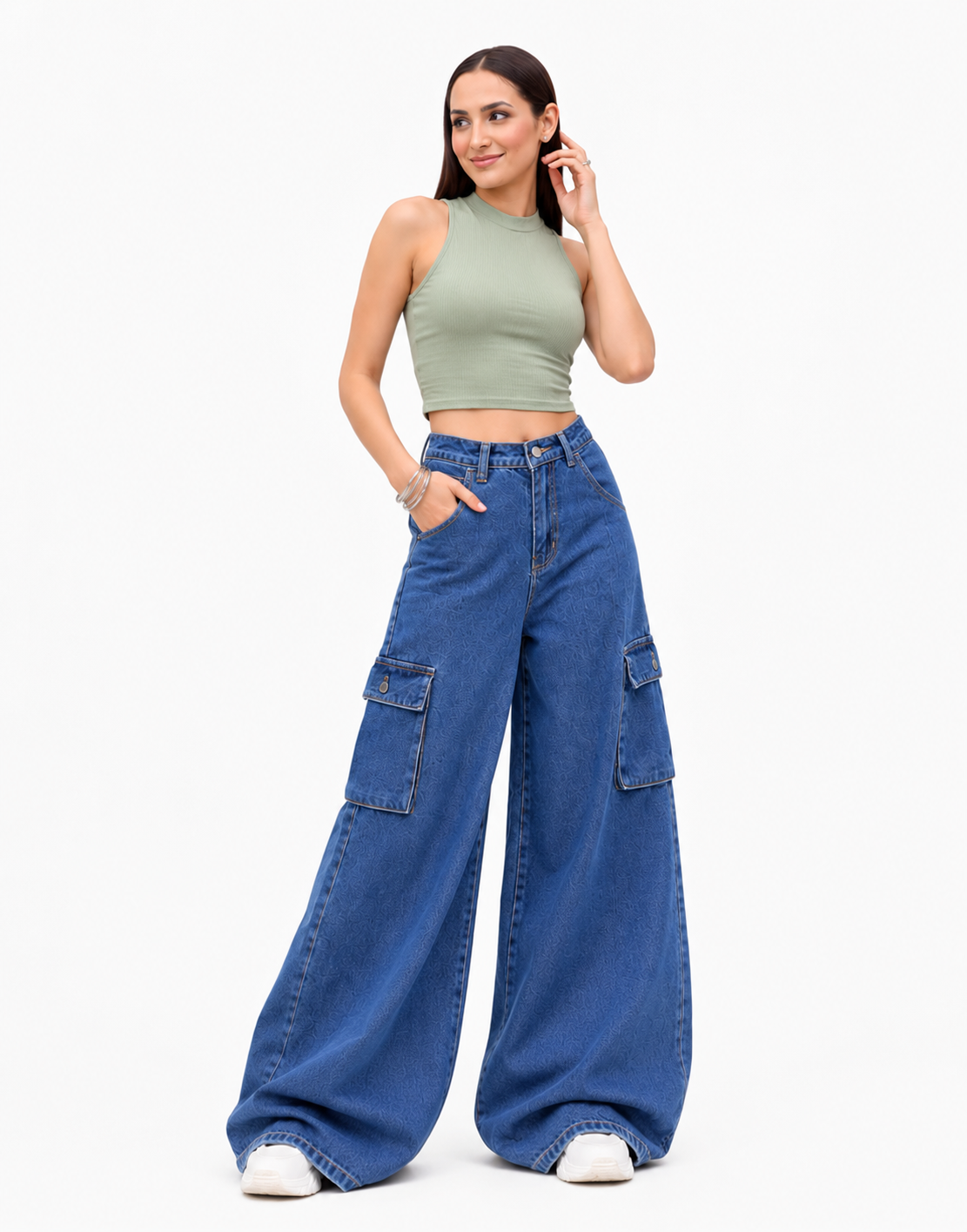 Super High Rise Wide Leg Cargo Jeans Stone Blue
