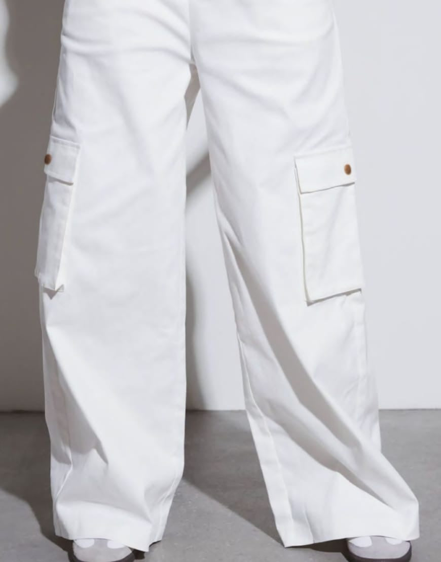 High Rise Wide Leg Cargo Jeans White