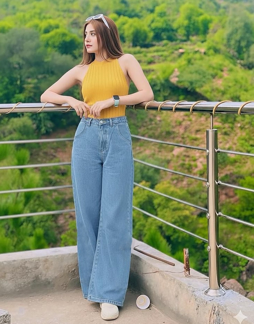 High Rise Wide Leg Cross Pocket Jeans Mid Wash Minor Fault