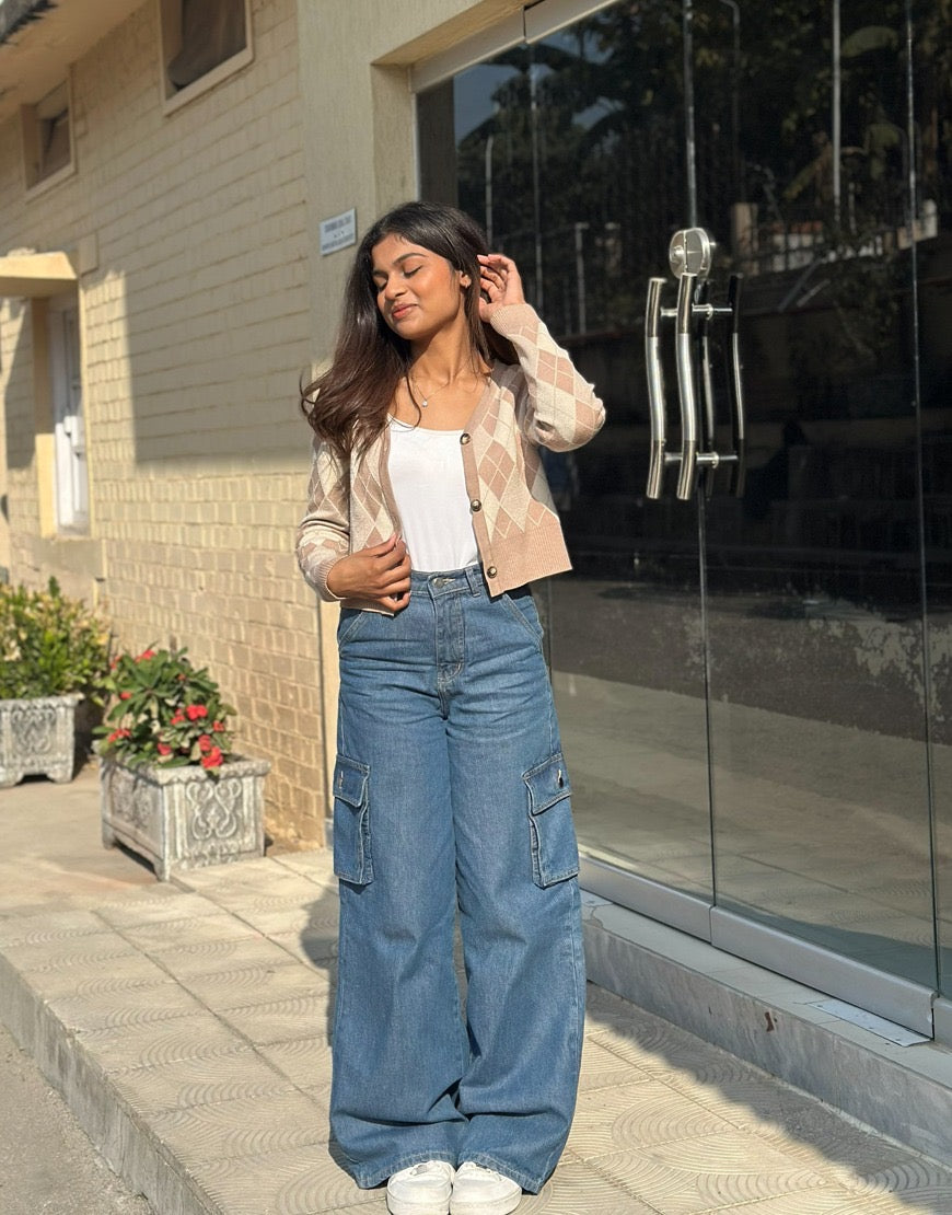 High Rise Wide Leg Cargo Jeans Medium Wash Minor Fault