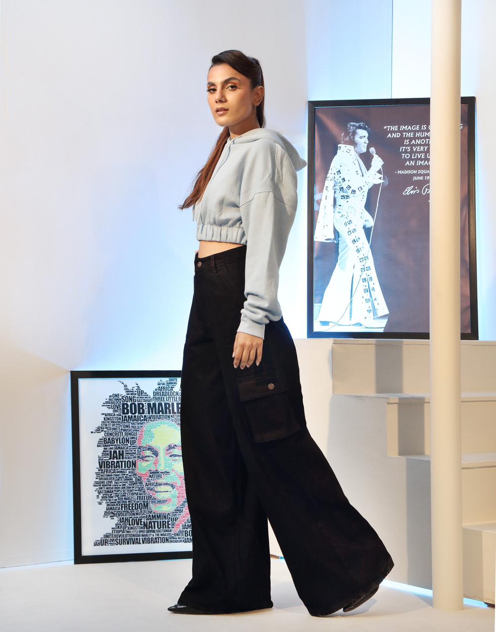 Wide Leg Flap Pocket Cargo Jeans Jet Black Minor Fault