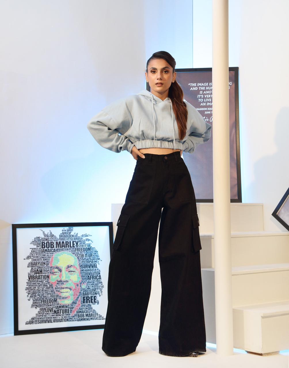 Wide Leg Flap Pocket Cargo Jeans Jet Black