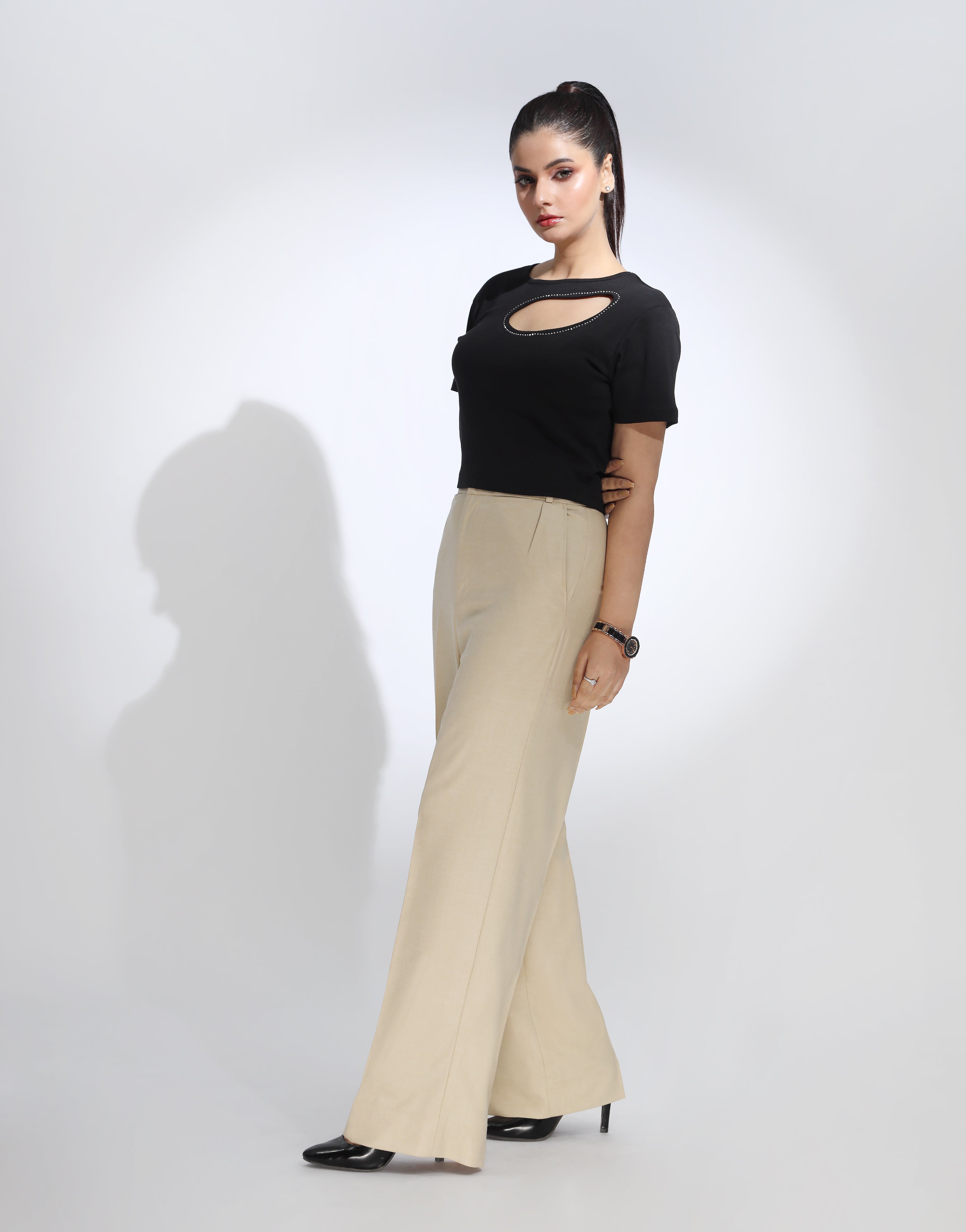 Mended Grace (Side Pleated Wide Leg Dress Pants Light Beige)