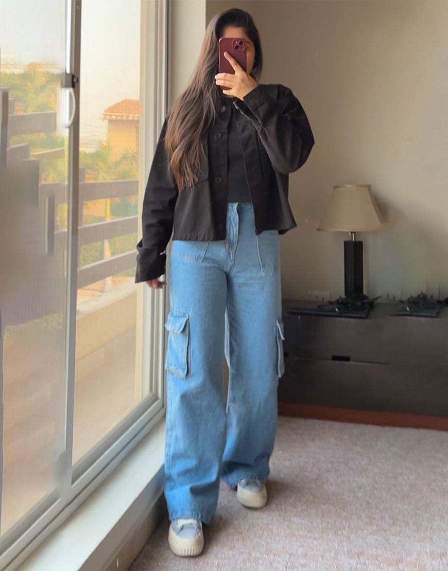 High Rise Wide Leg Flap Pocket Cargo Jeans Mid Wash