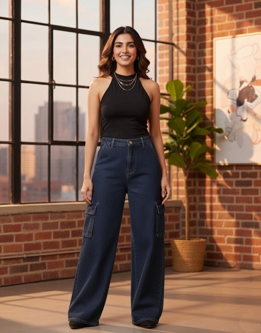 High Rise Wide Leg Cross Pocket Cargo Jeans Royal Blue