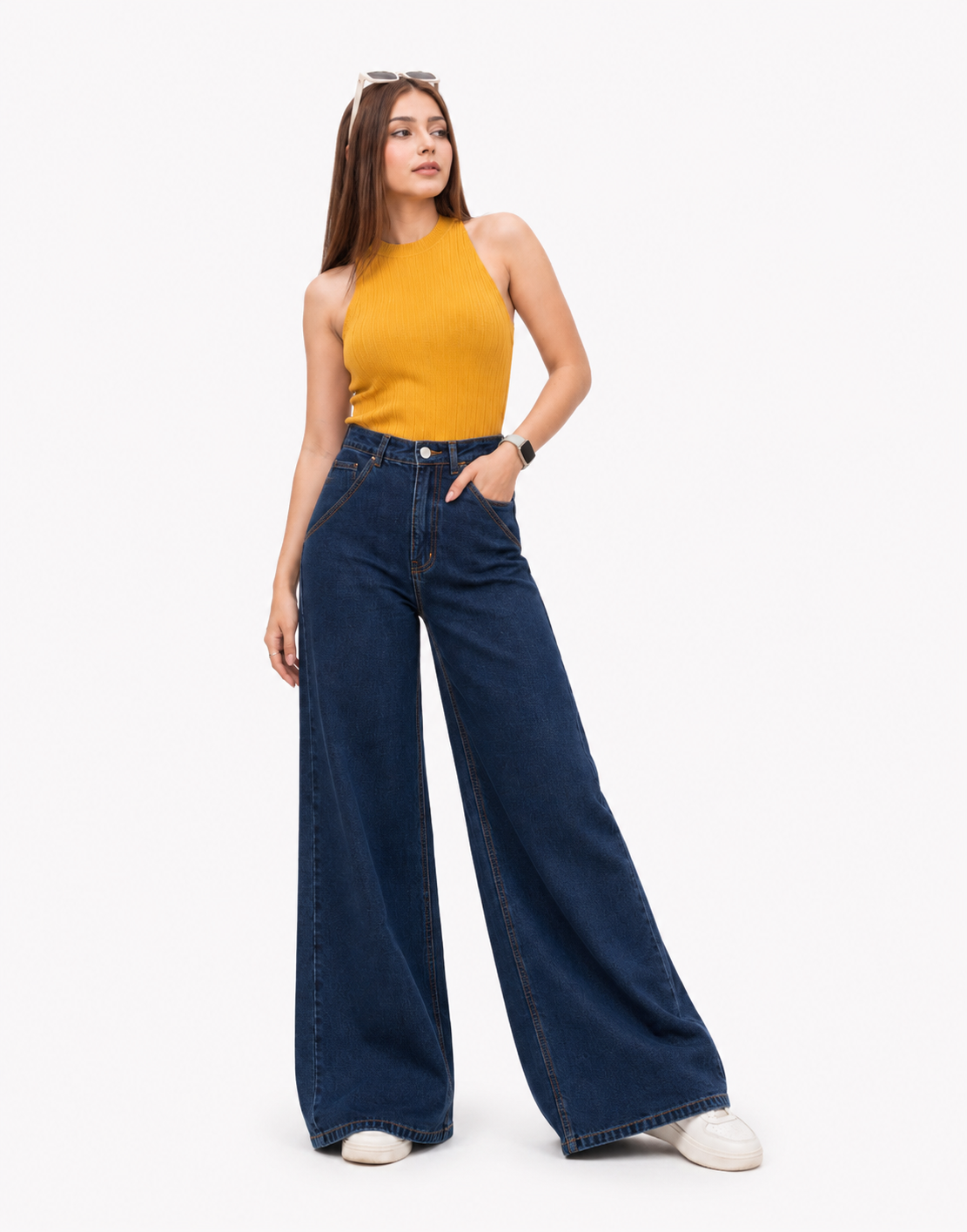 High Rise Wide Leg Cross Pocket Jeans Navy Blue