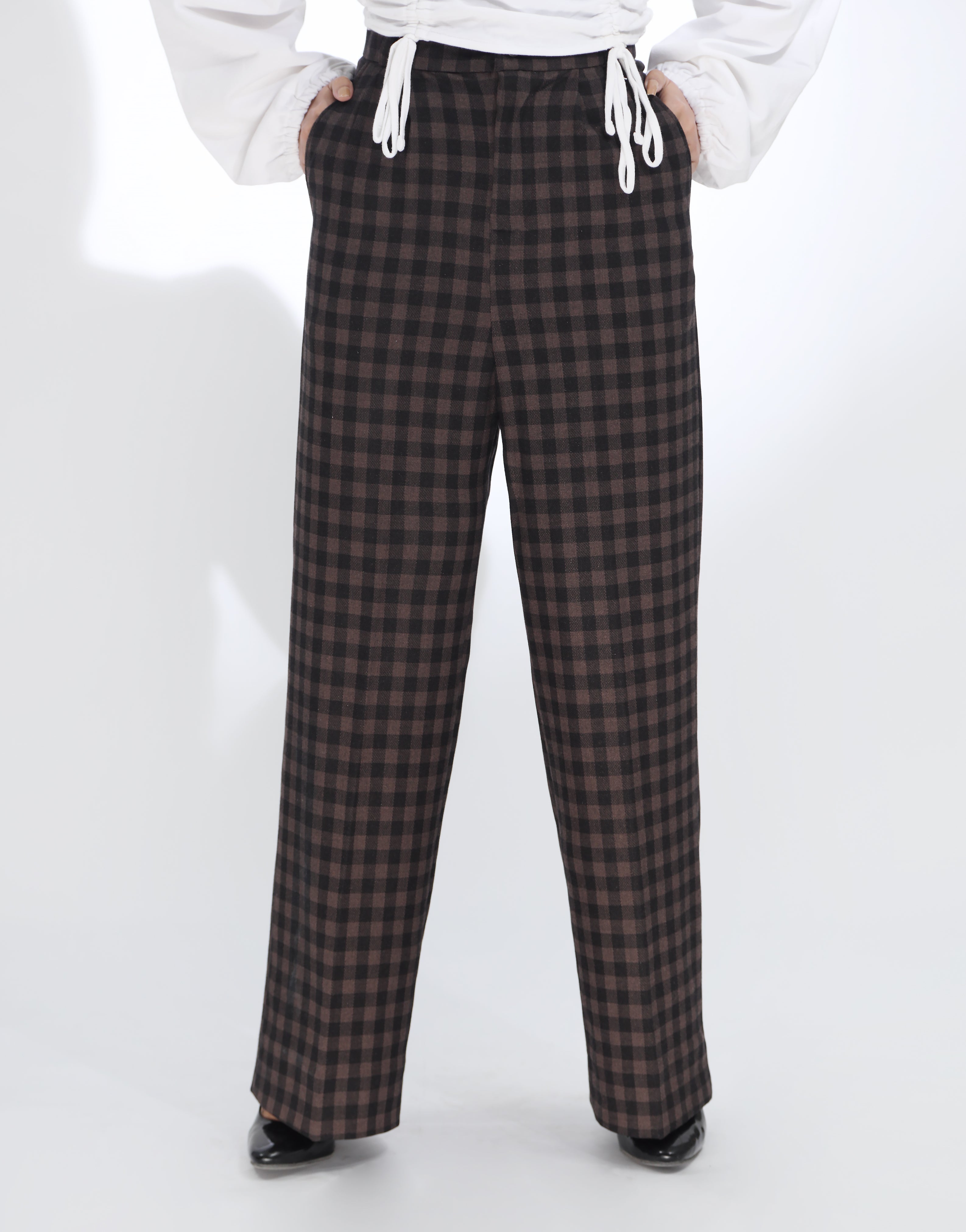 Quiet Strength (Wide Leg Pleated Checked Dress Pant Brown)