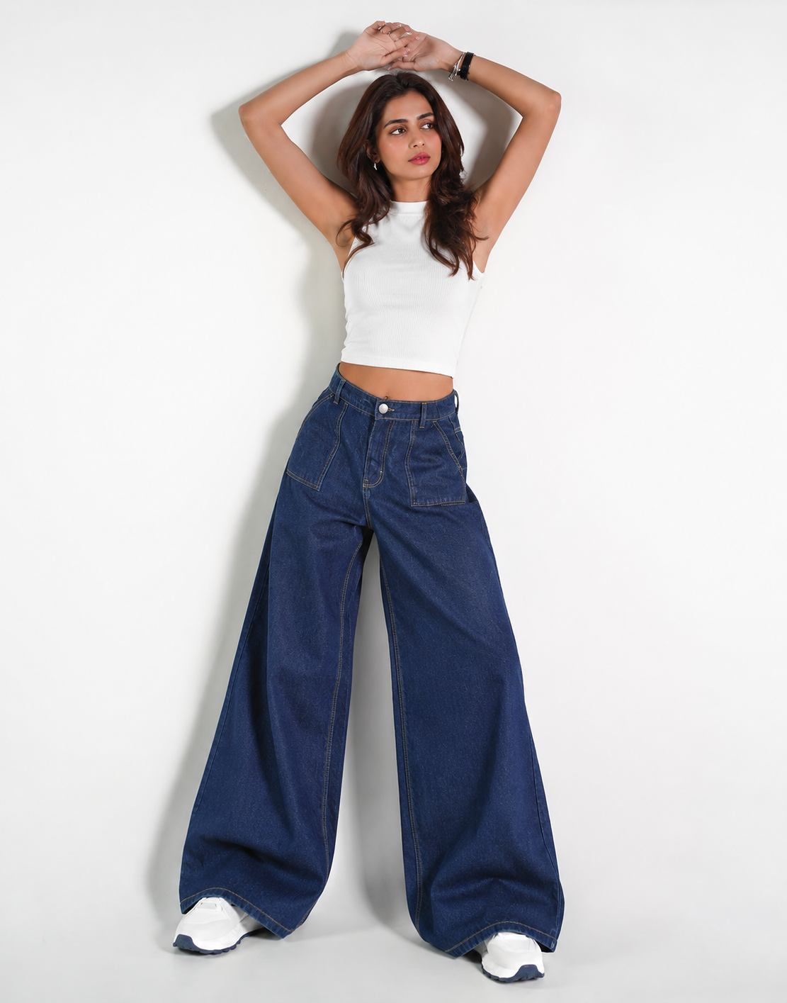 HIGH RISE WIDE LEG FLAP POCKET JEANS STONE BLUE