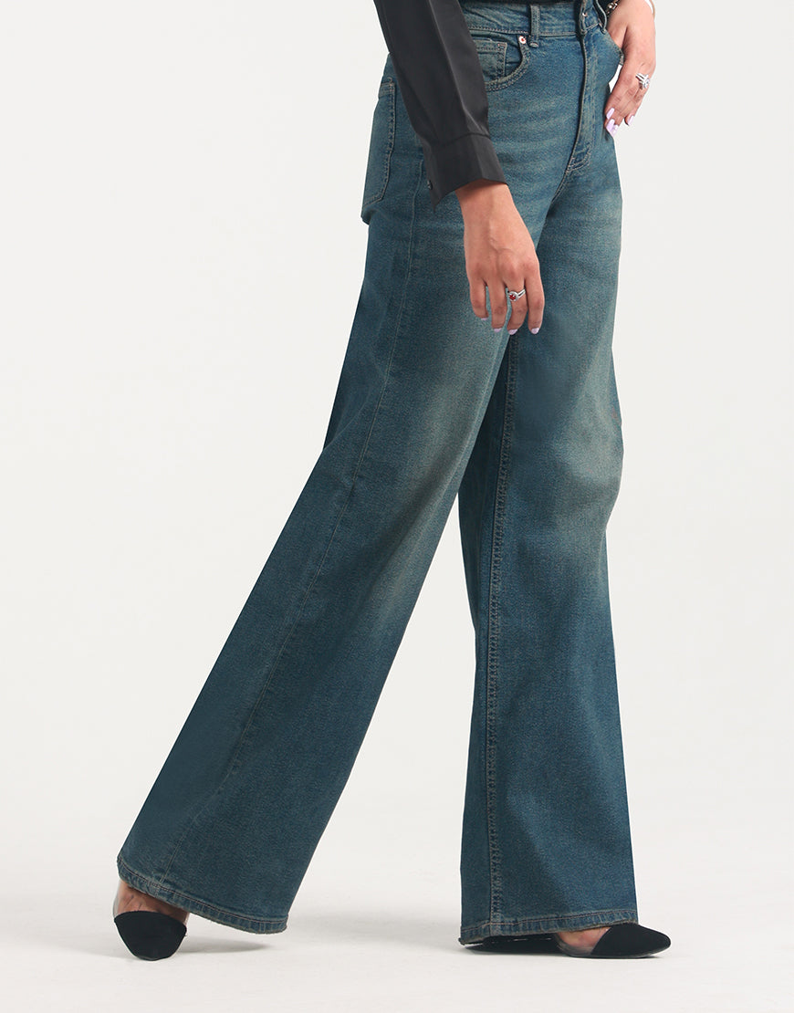 High Rise Wide Leg Faded Jeans Dark Wash