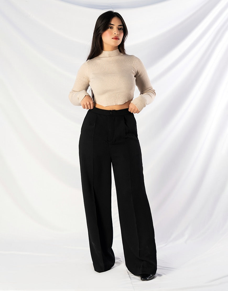 Wide Leg Ribbed Fabric Premium Pants Black