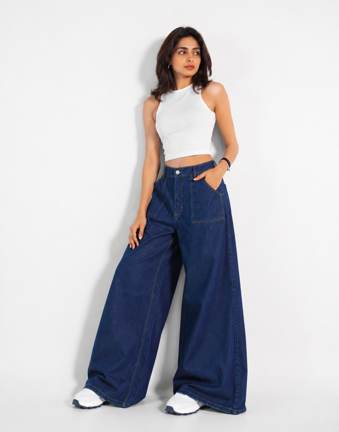 HIGH RISE WIDE LEG FLAP POCKET JEANS STONE BLUE