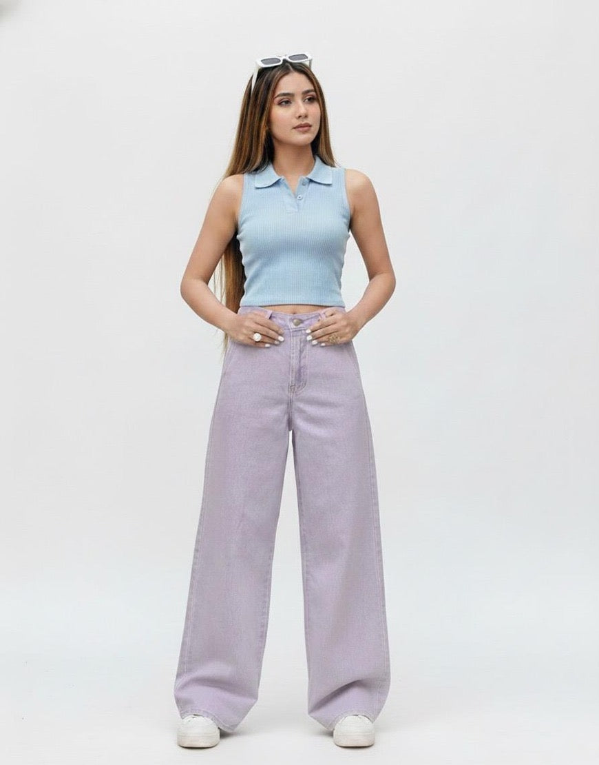 High Rise Wide Leg Twill Pants Stretch in Lilac Minor Fault