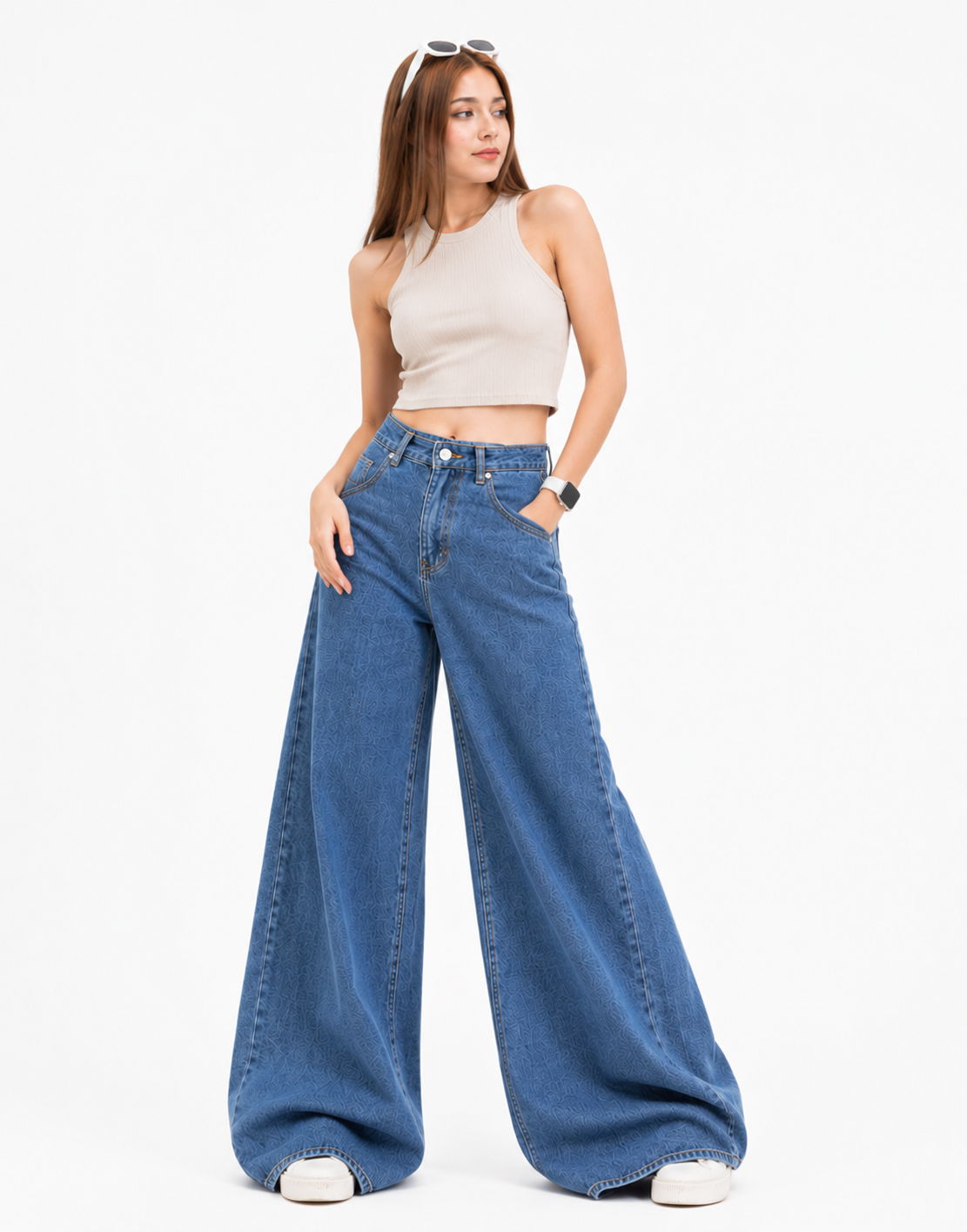 High Rise Cross Pocket Wide Leg Jeans Dark Blue