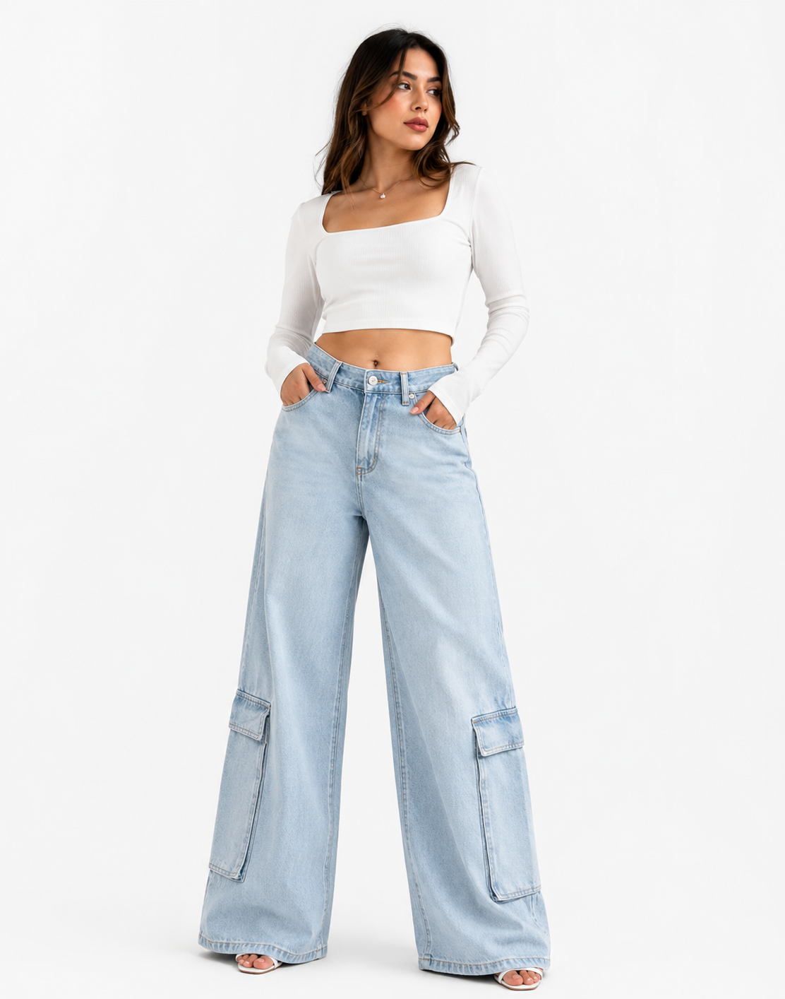 Super Wide Leg Cargo Jeans Light Wash
