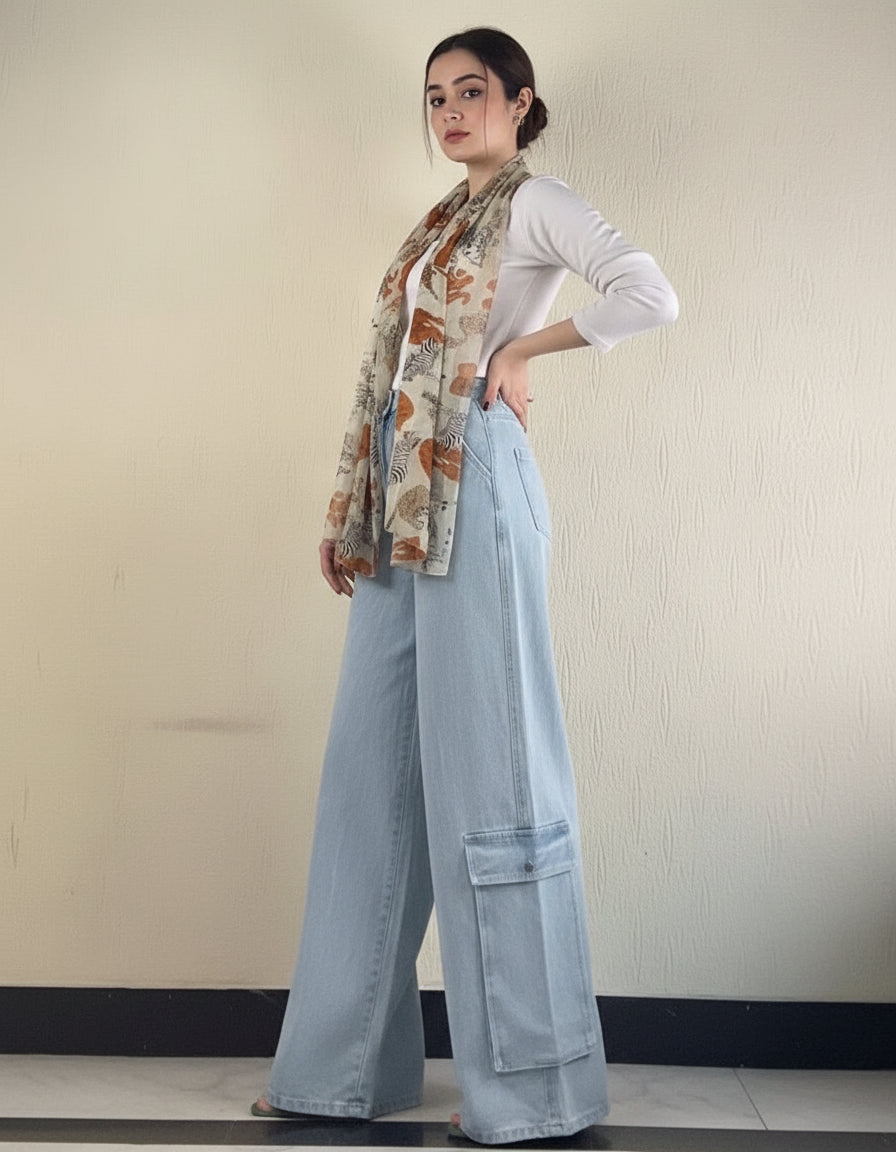 Super Wide Leg Cargo Jeans Light Wash Minor Fault