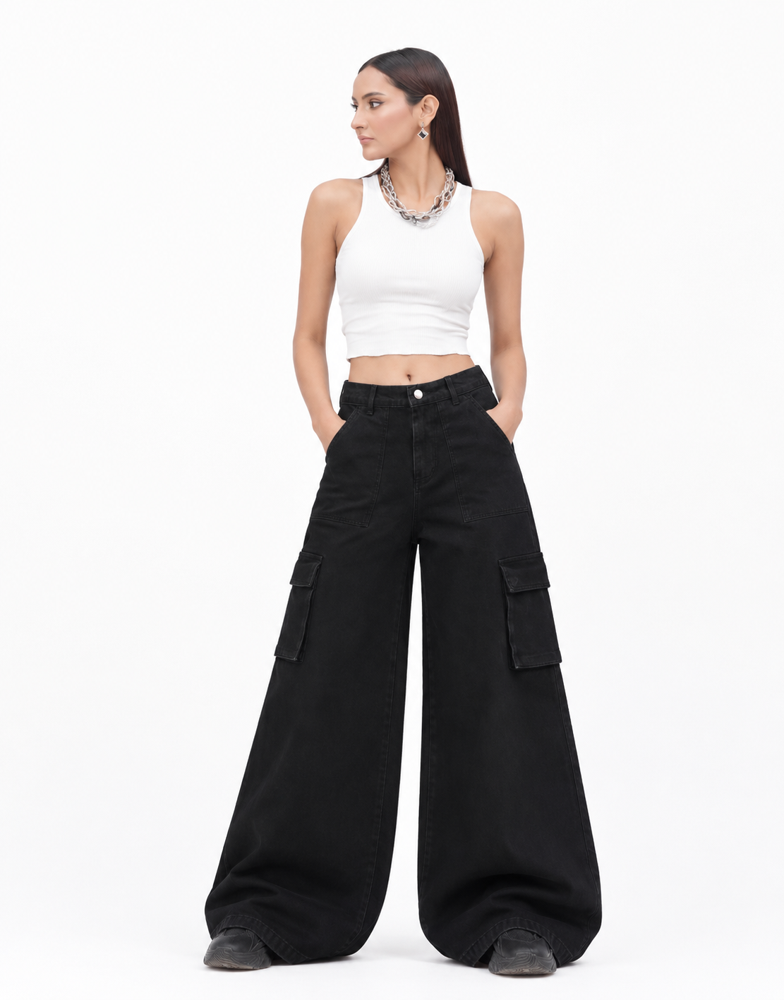 Wide Leg Flap Pocket Cargo Jeans Jet Black