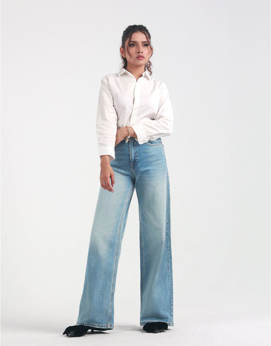 High Rise Wide Leg Faded Jeans Light Wash