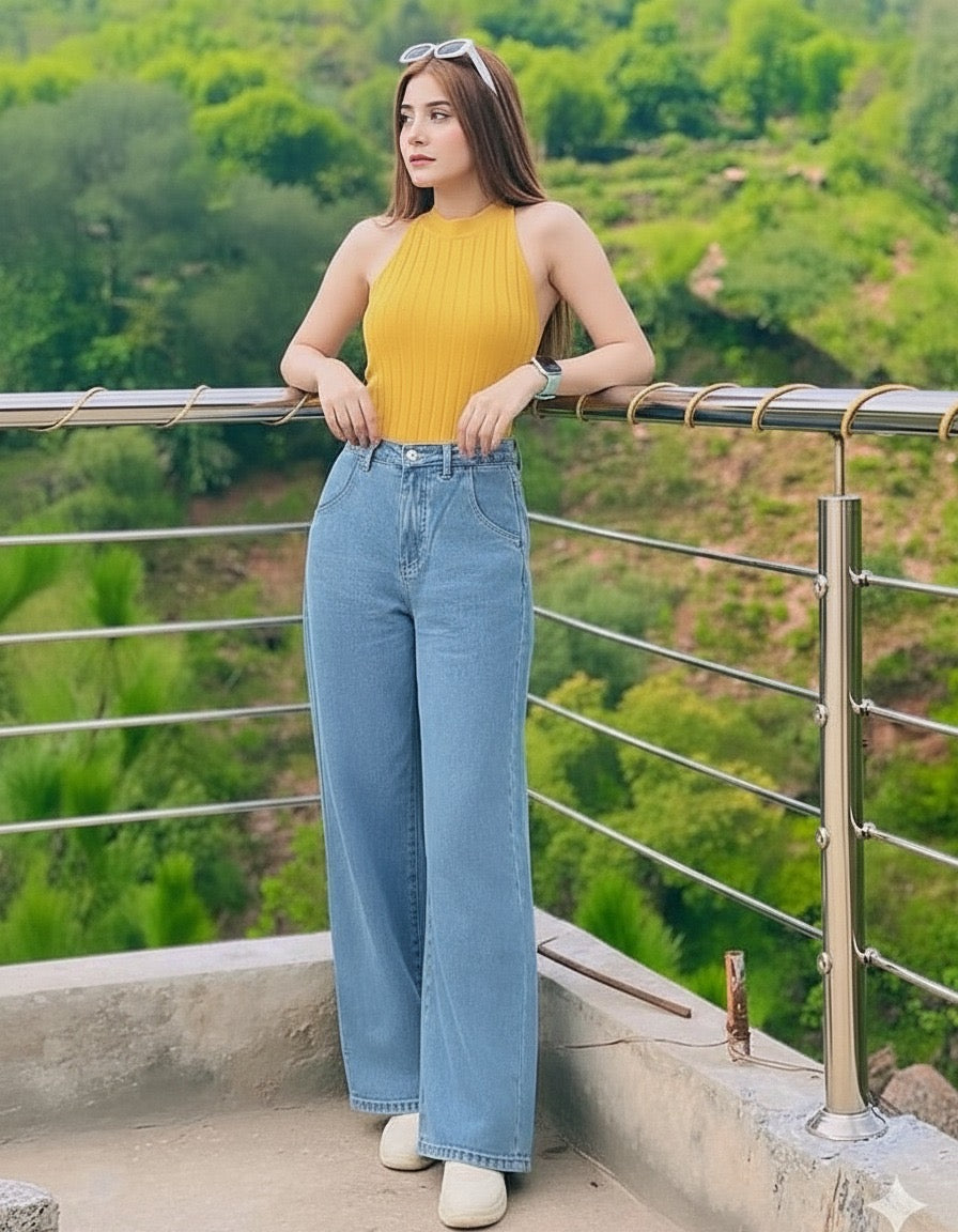 High Rise Wide Leg Cross Pocket Jeans Mid Wash Minor Fault