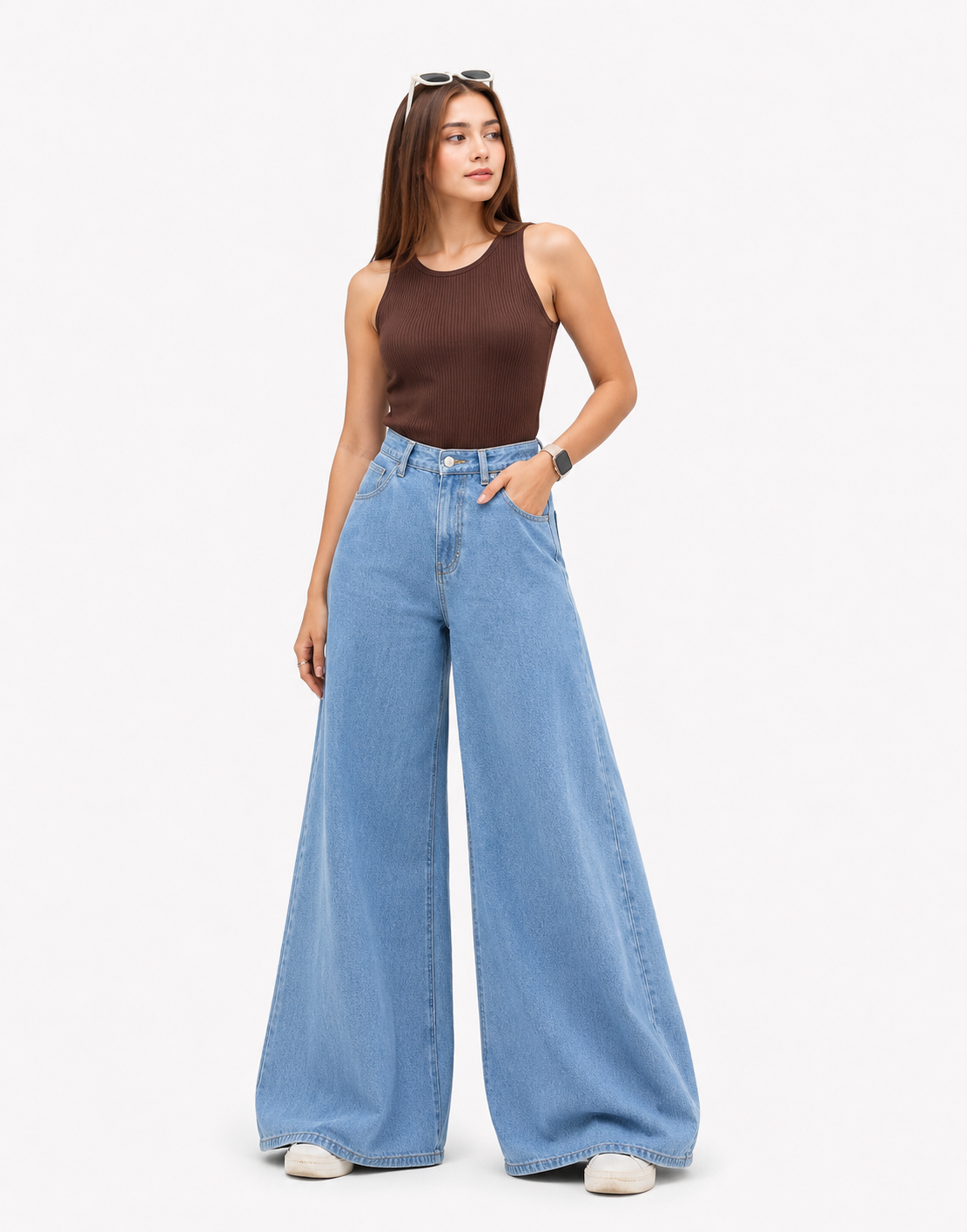 High Rise Wide Leg Cross Pocket Jeans Stone Blue