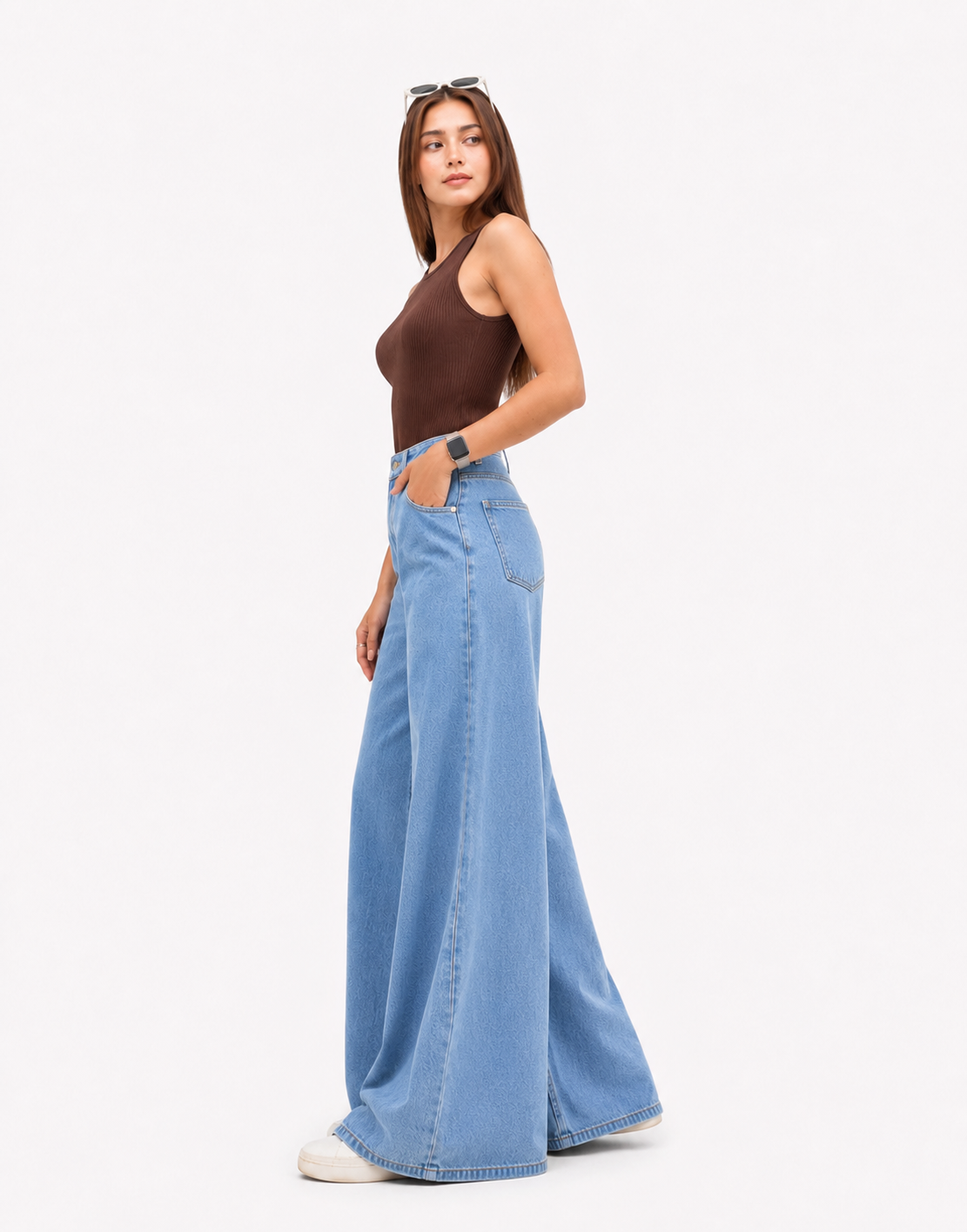 High Rise Wide Leg Cross Pocket Jeans Stone Blue