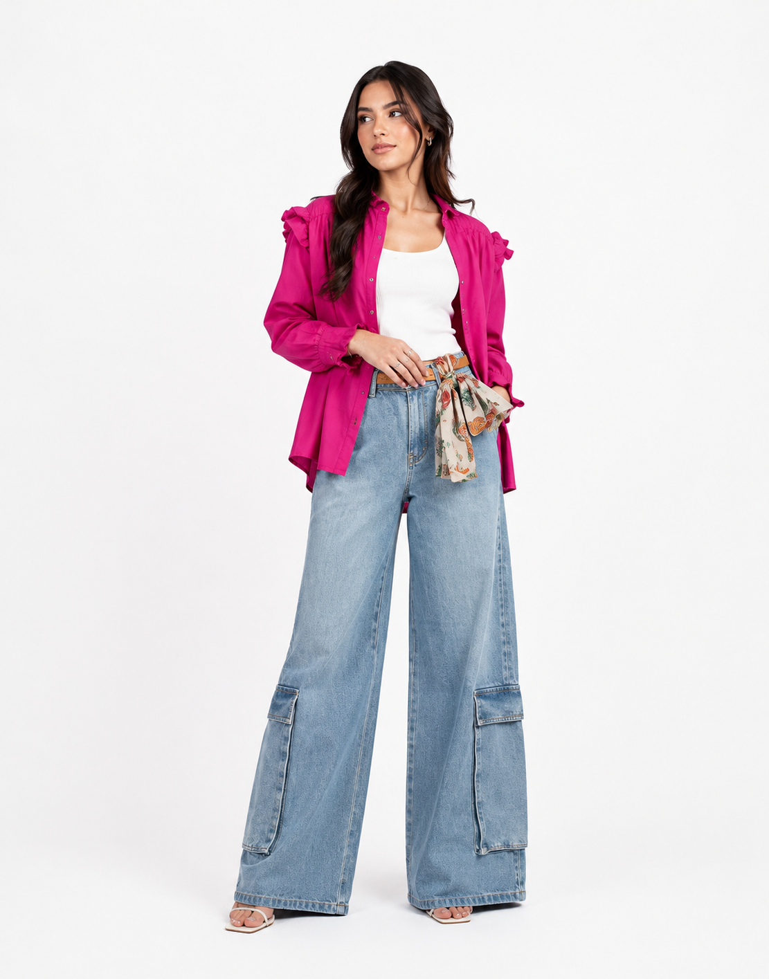 Super Wide Leg Cargo Jeans Mid Wash