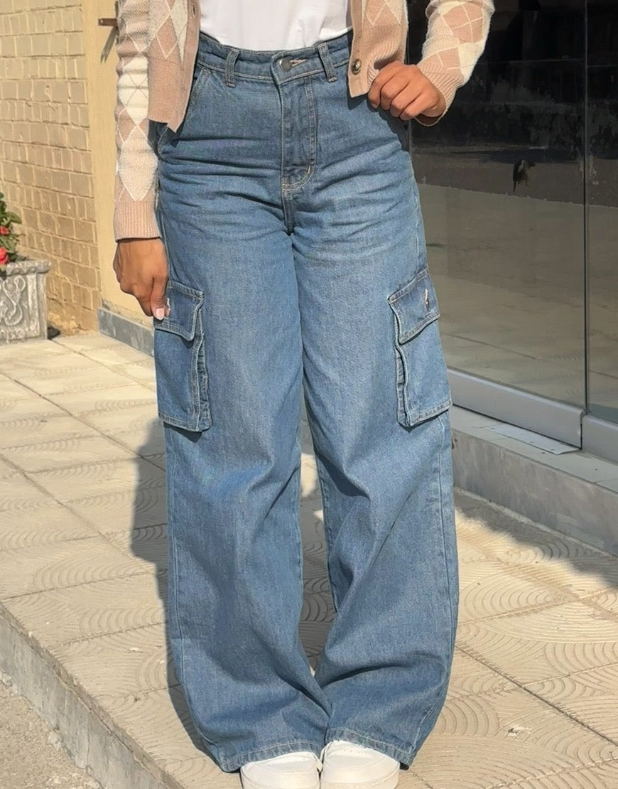 High Rise Wide Leg Cargo Jeans Medium Wash Minor Fault
