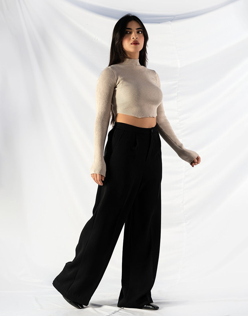 Wide Leg Ribbed Fabric Pants Black