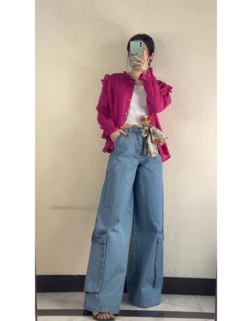 Super Wide Leg Cargo Jeans Mid Wash Minor Fault