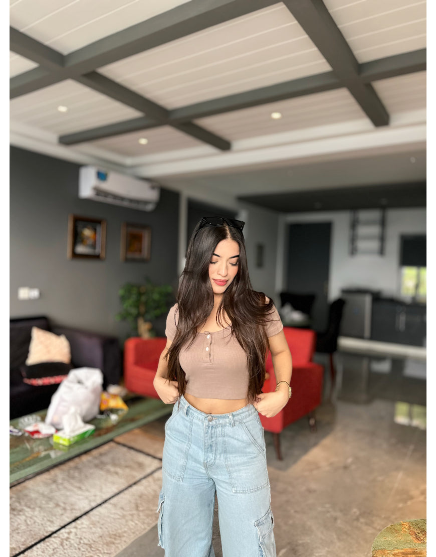 High Rise Wide Leg Flap Pocket Cargo Light Wash