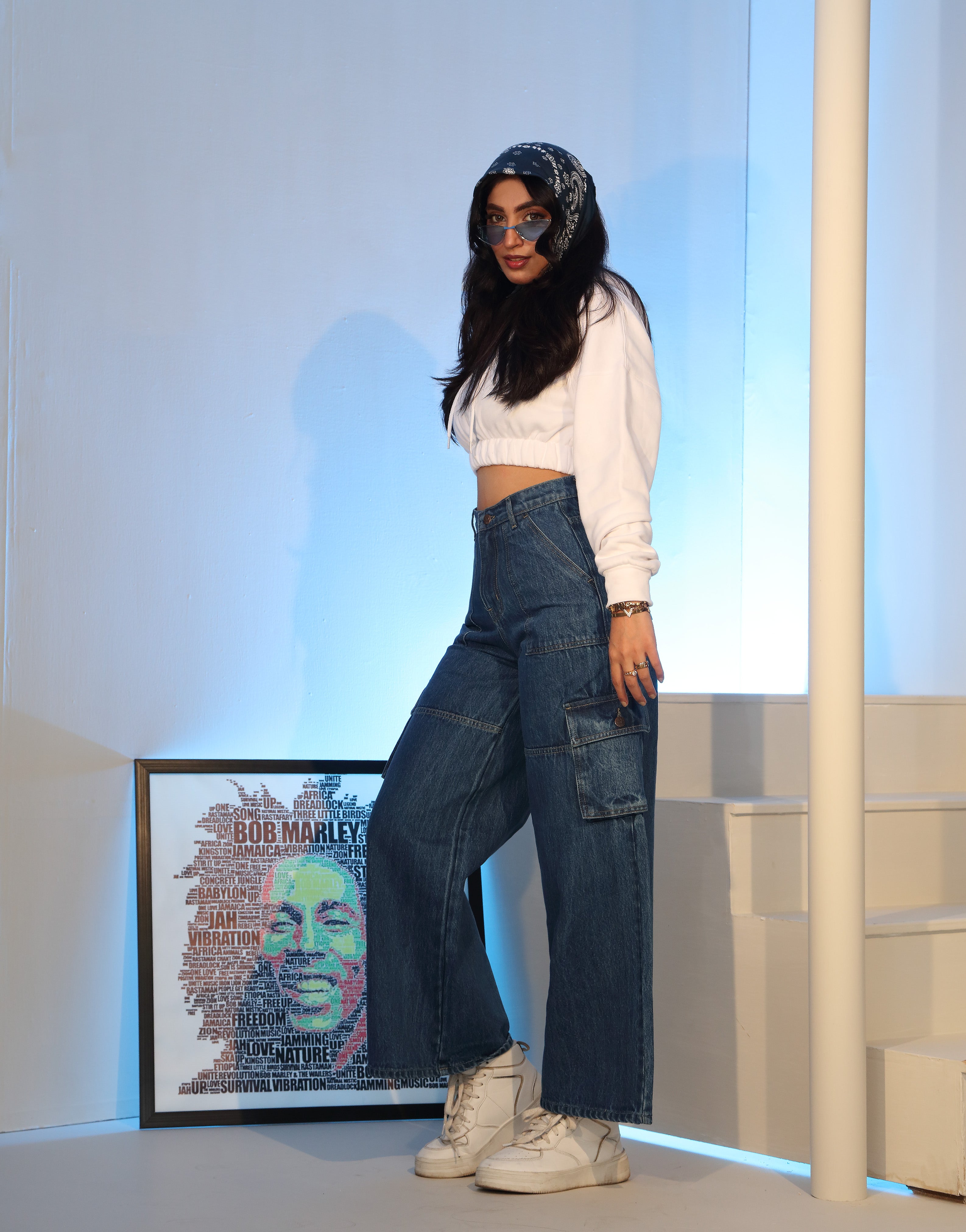 Wide Leg Flap Pocket Cargo Stone Blue