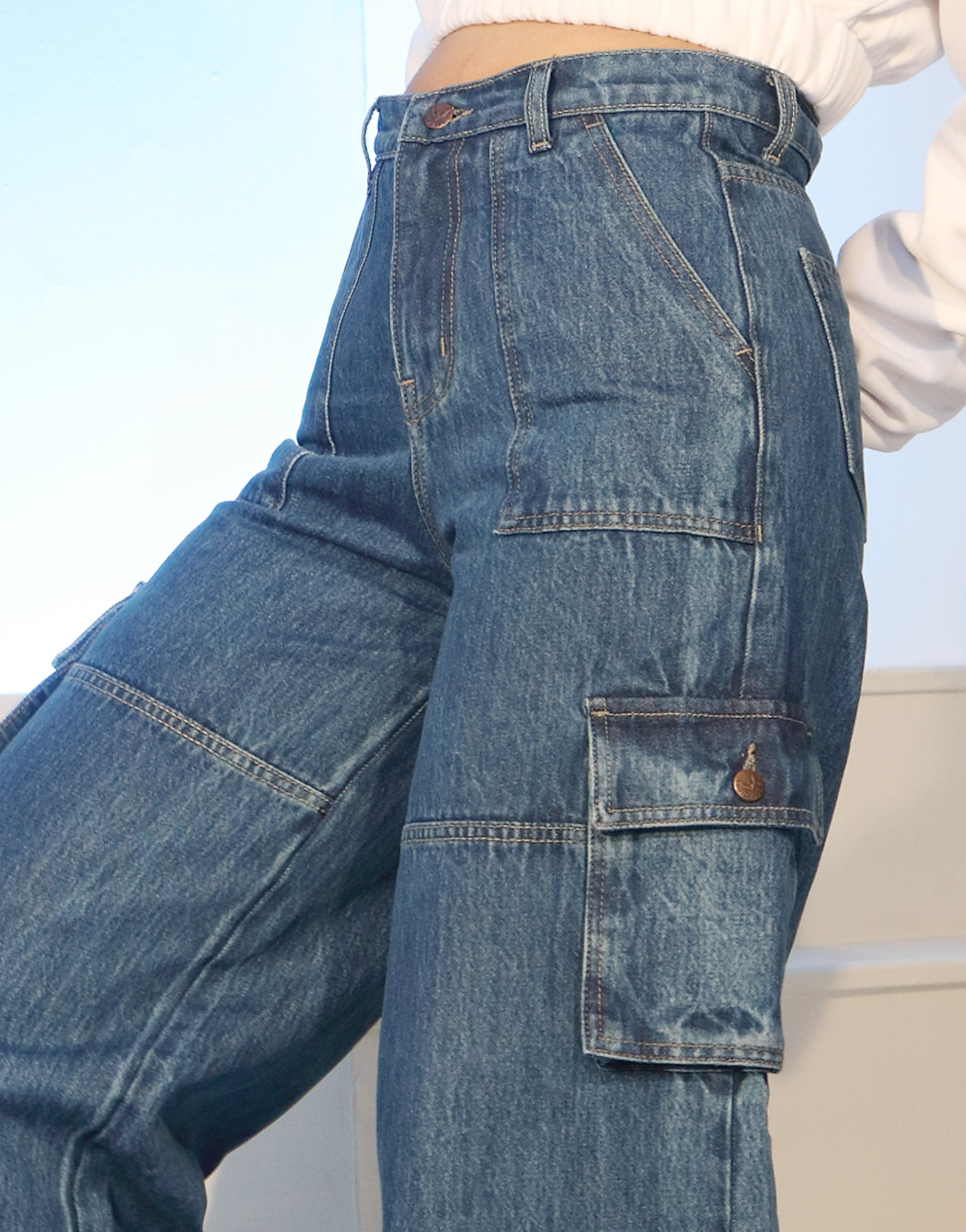 Wide Leg Flap Pocket Cargo Stone Blue