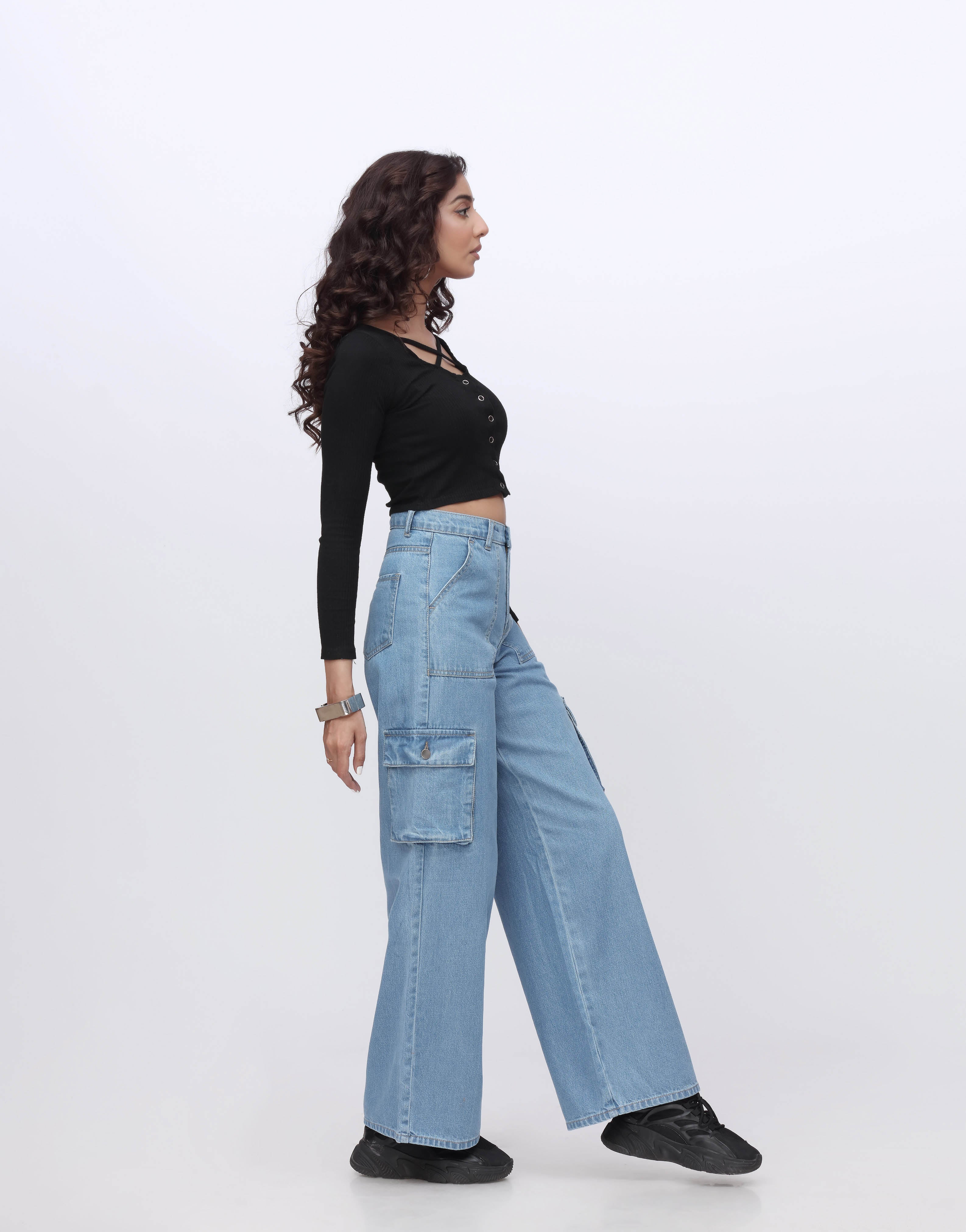 High Rise Wide Leg Flap Pocket Cargo Jeans Mid Wash