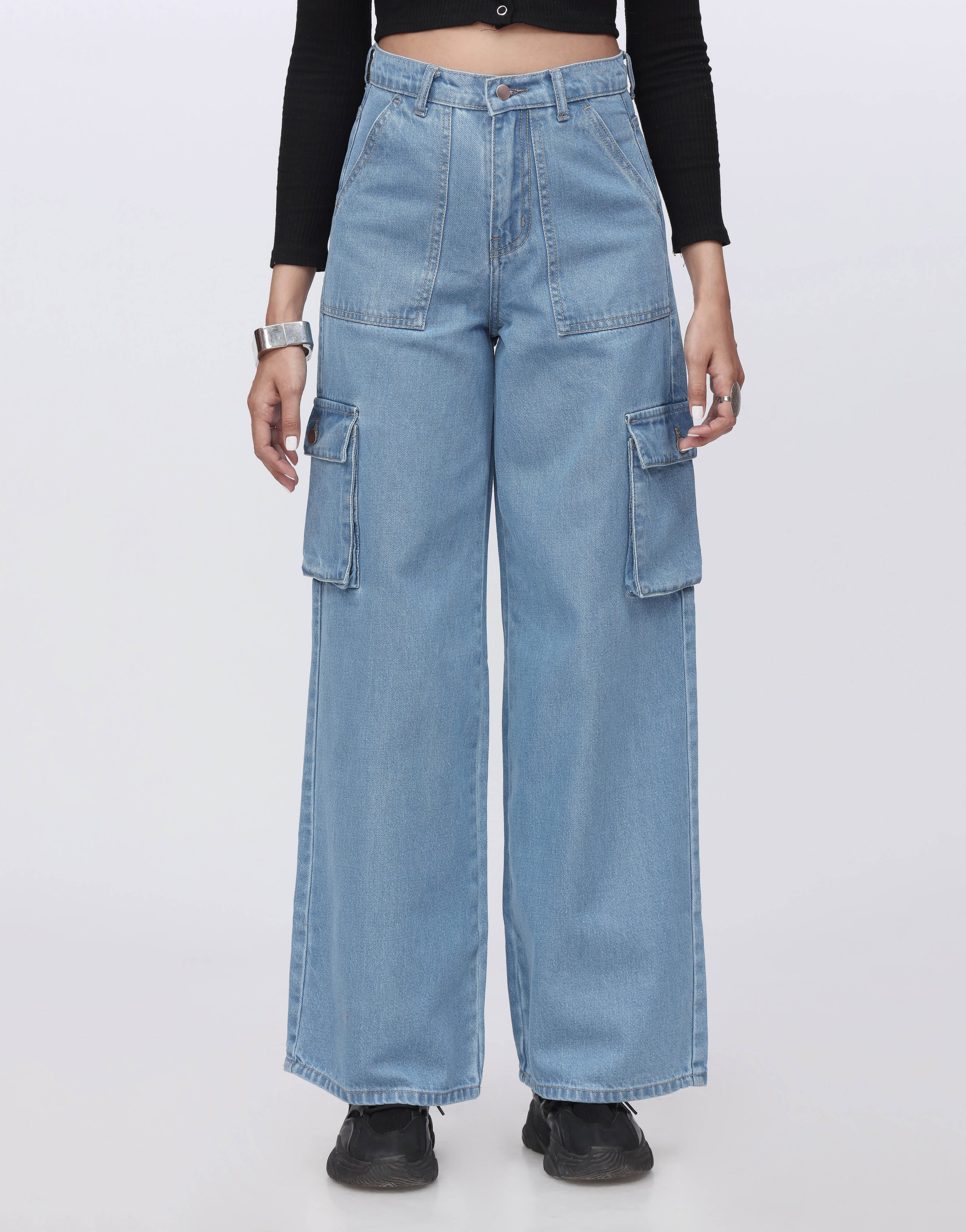 High Rise Wide Leg Flap Pocket Cargo Jeans Mid Wash