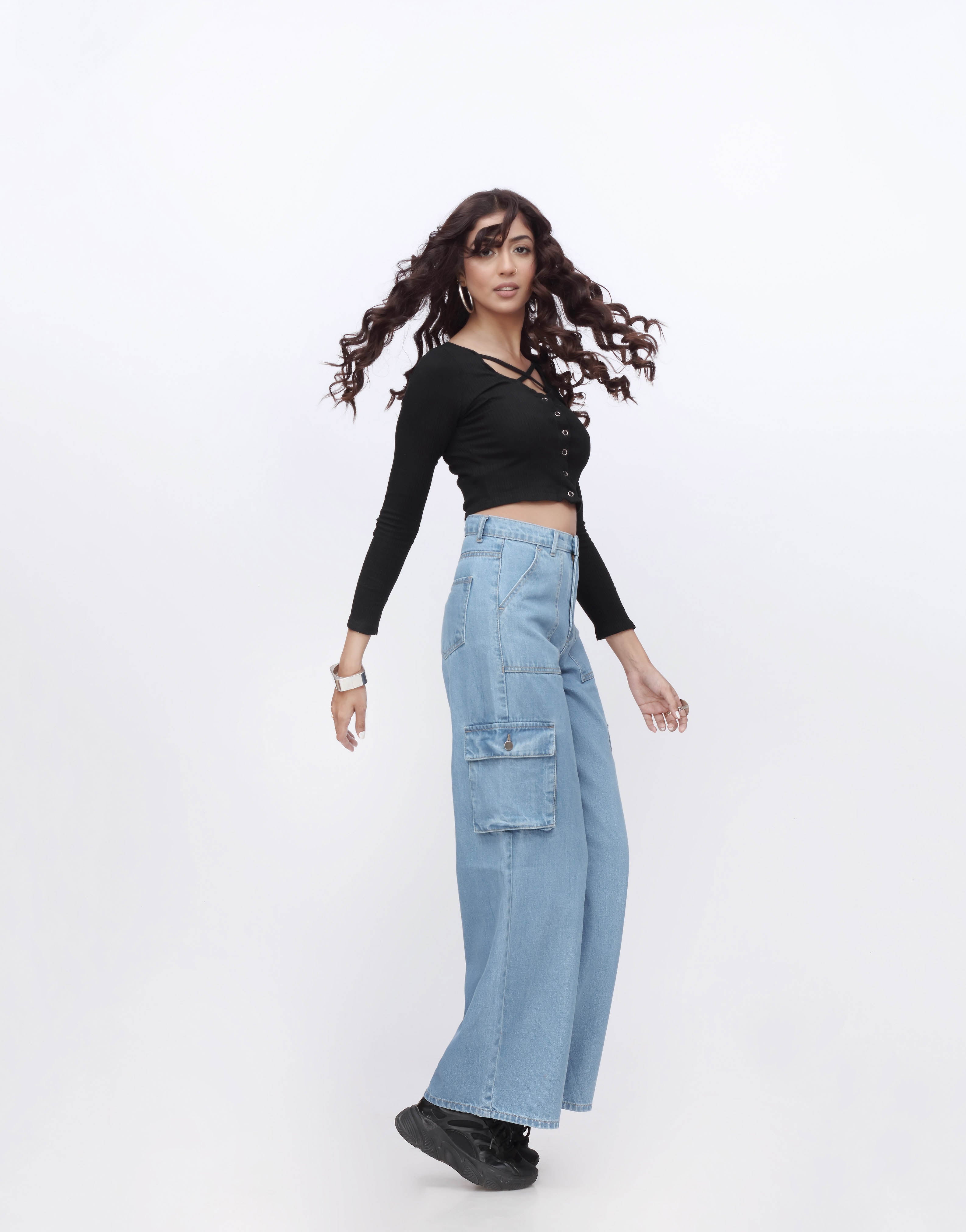 High Rise Wide Leg Flap Pocket Cargo Jeans Mid Wash