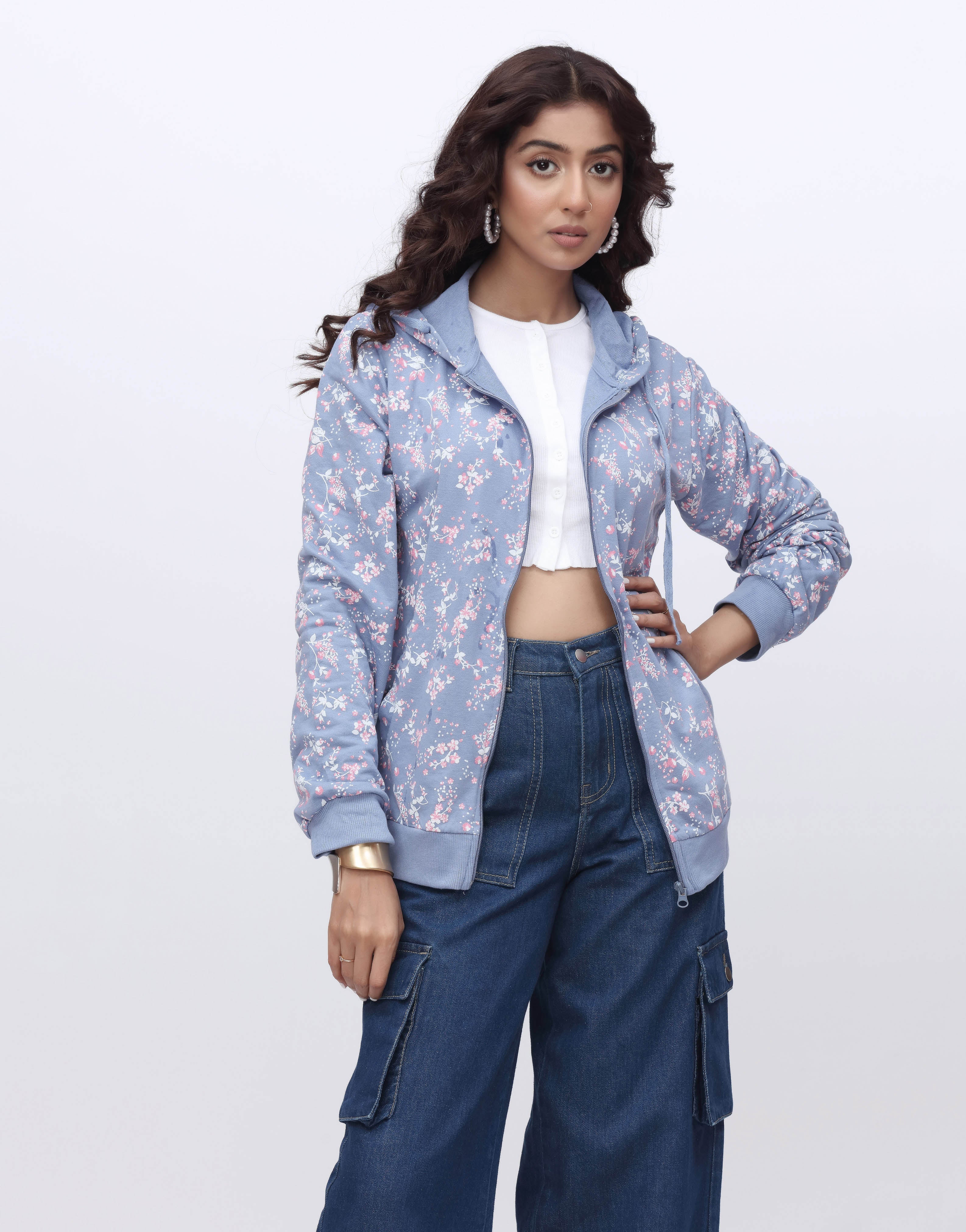 Zipper Hoodie Floral Printed in Terry (MINOR DEFECT)