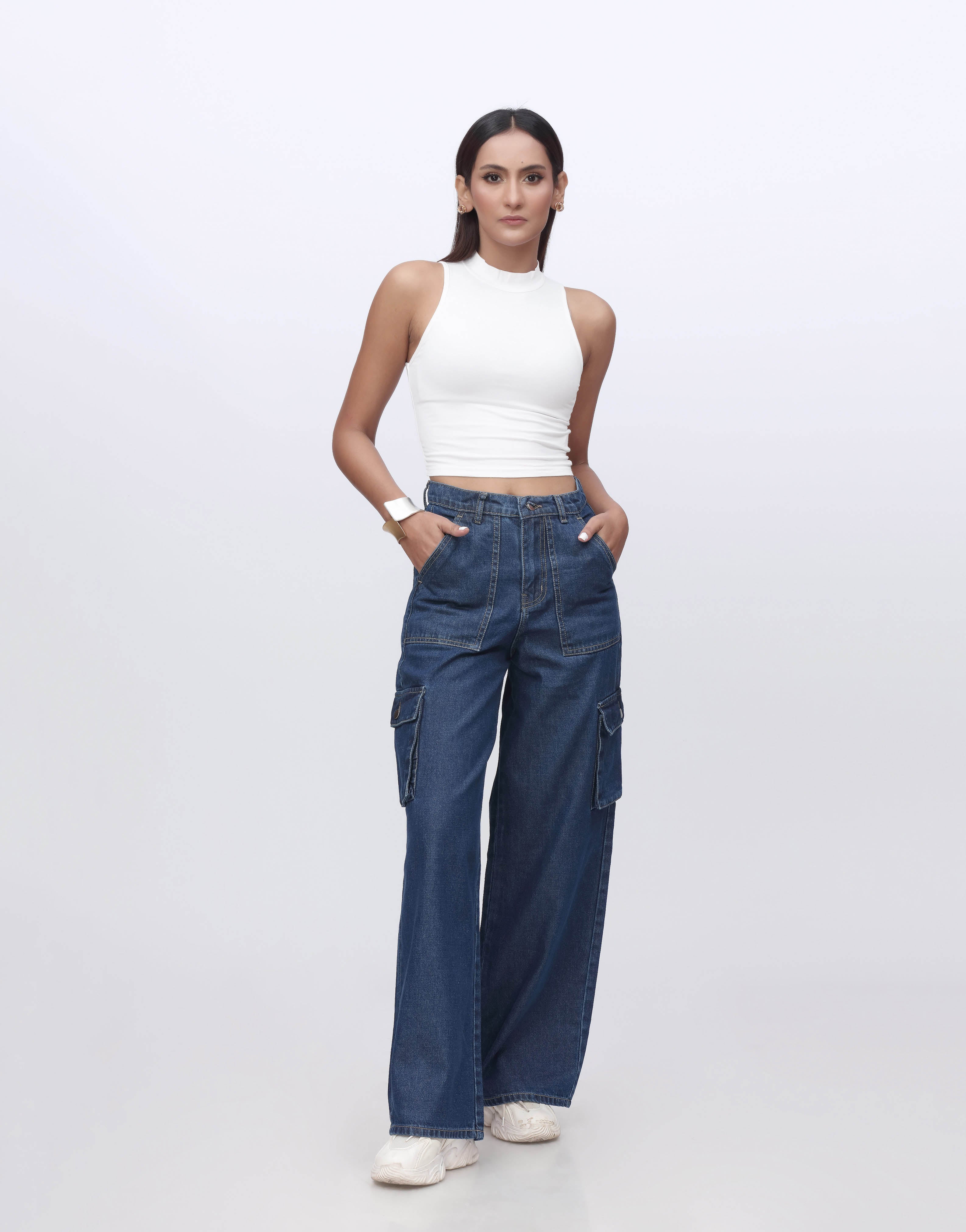 Wide Leg Flap Pocket Cargo Indigo Minor Fault