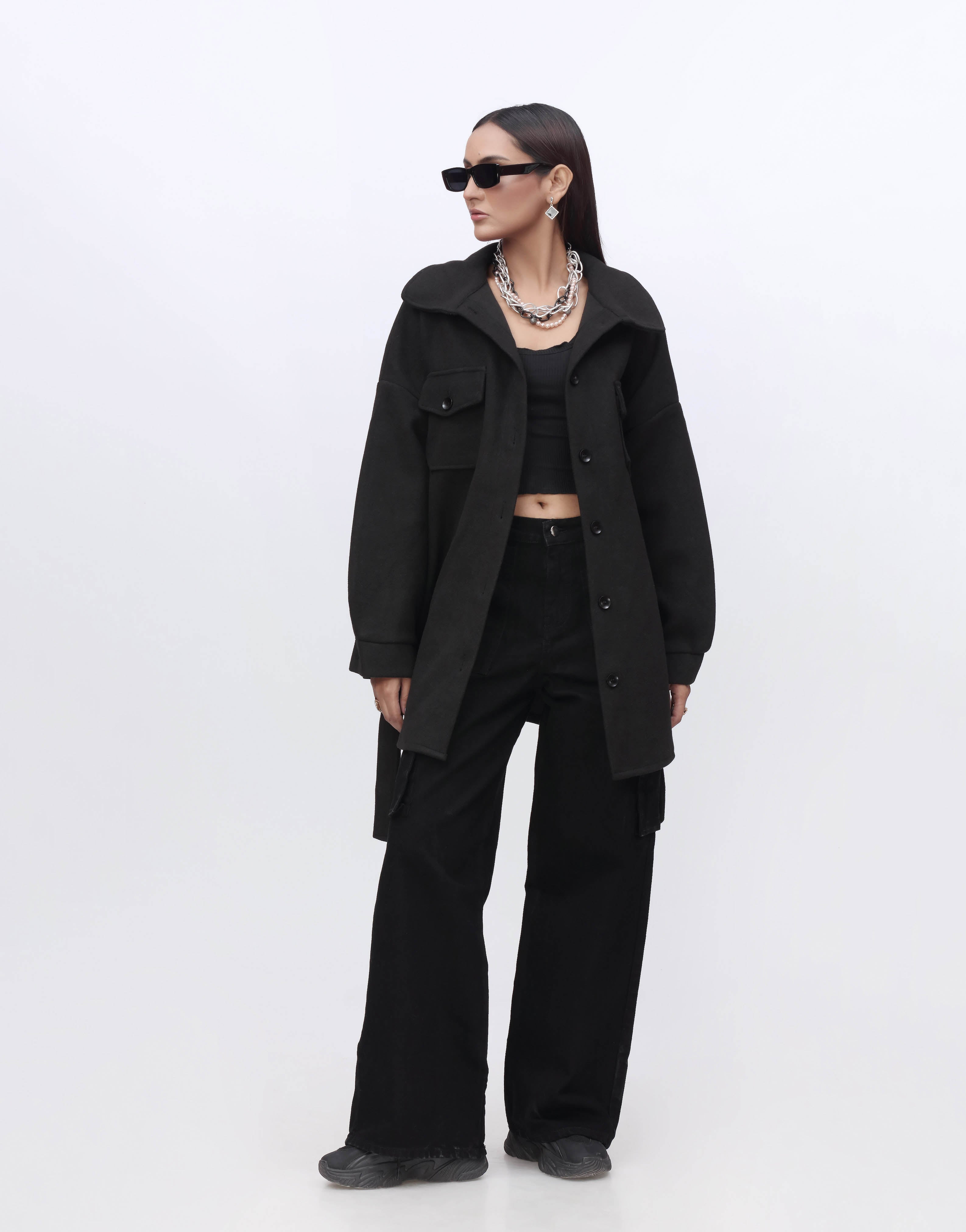 Wide Leg Flap Pocket Cargo Jeans Jet Black Minor Fault