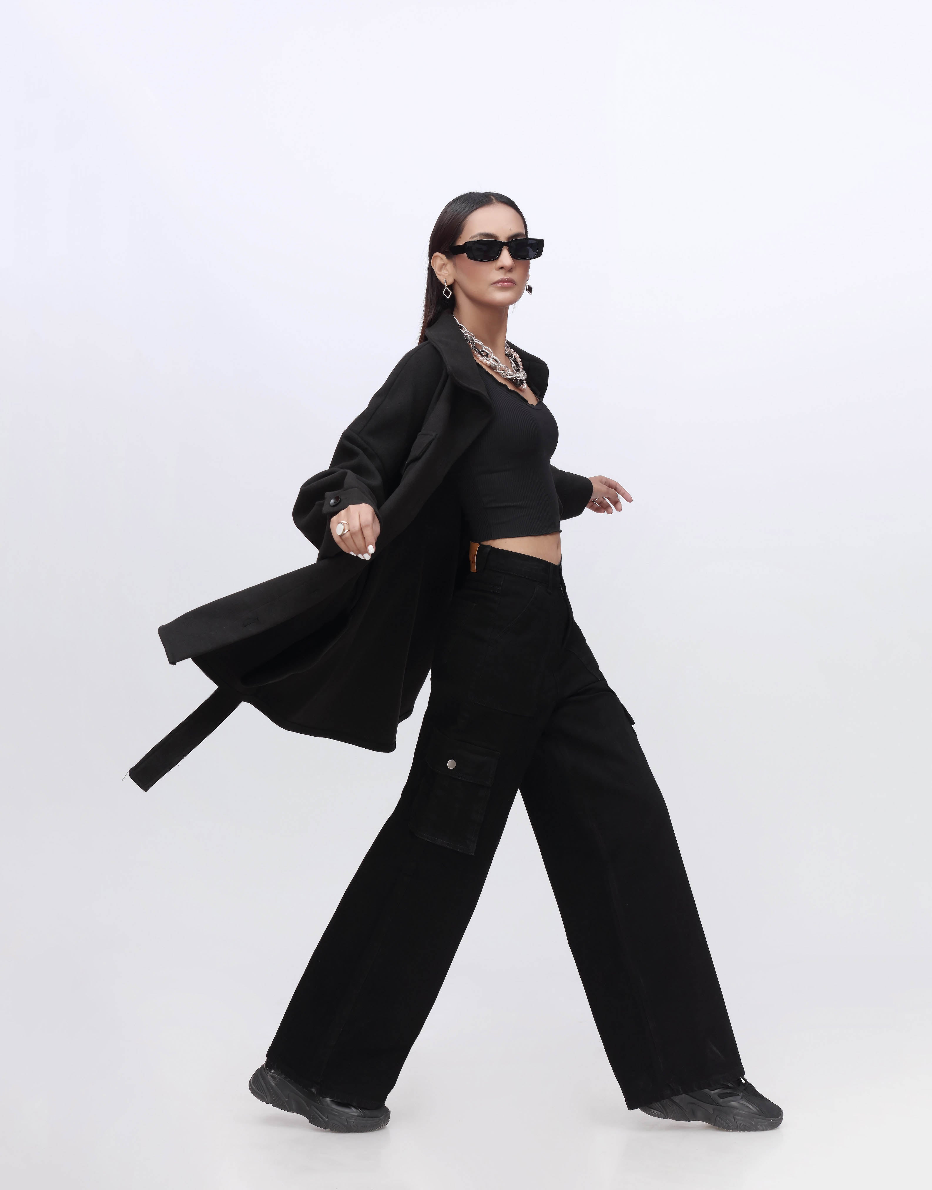 Wide Leg Flap Pocket Cargo Jeans Jet Black