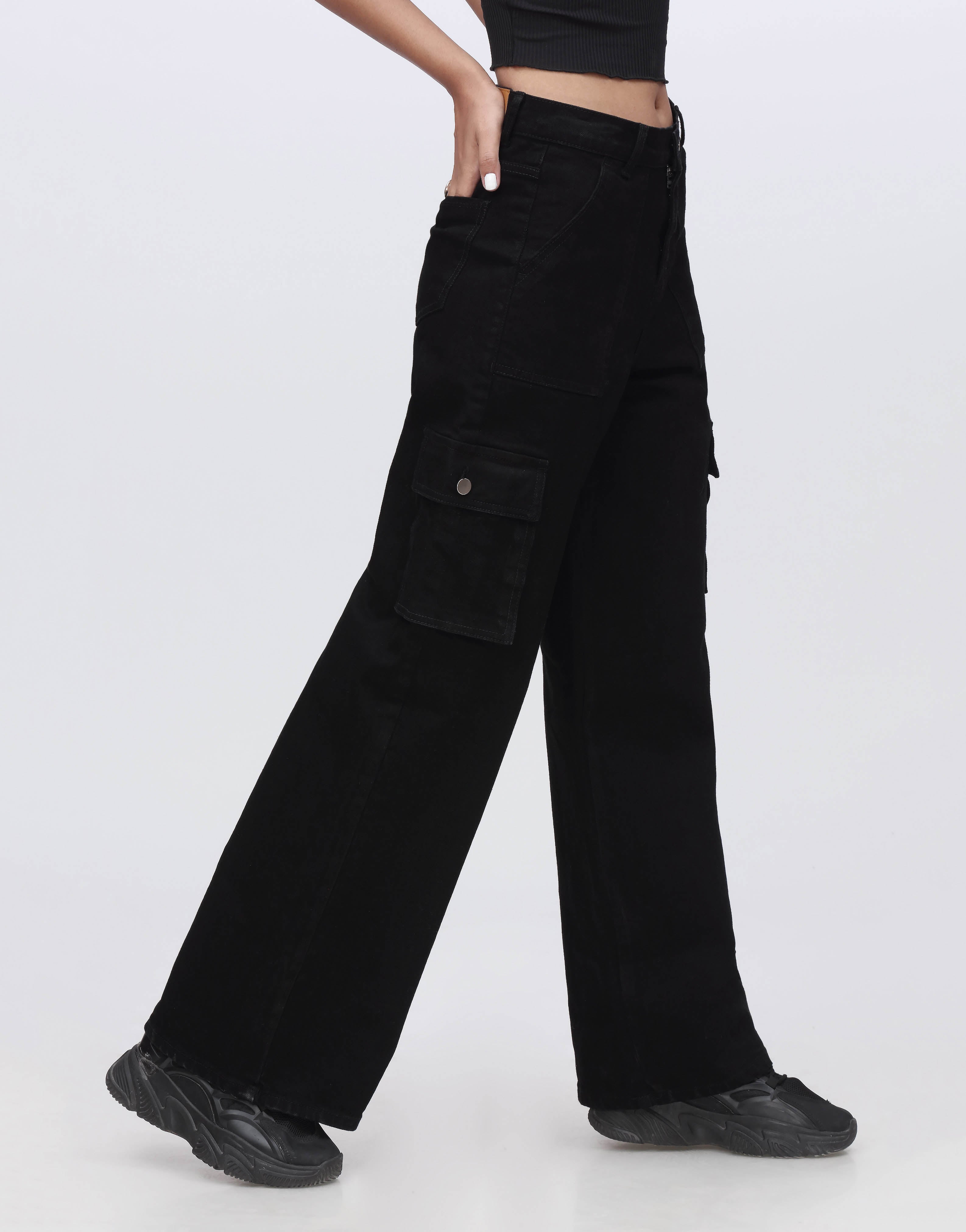 Wide Leg Flap Pocket Cargo Jeans Jet Black Minor Fault