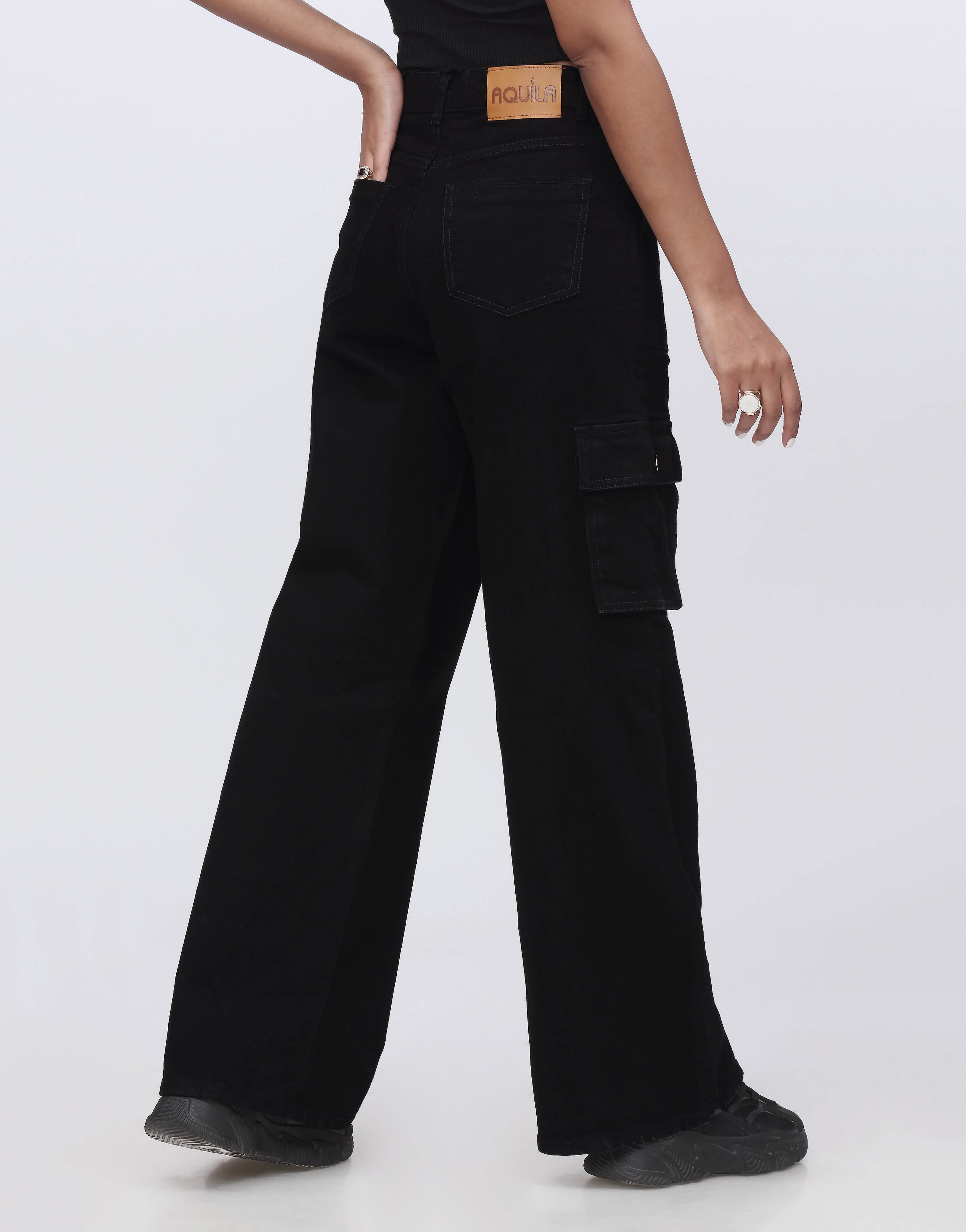 Wide Leg Flap Pocket Cargo Jeans Jet Black Minor Fault