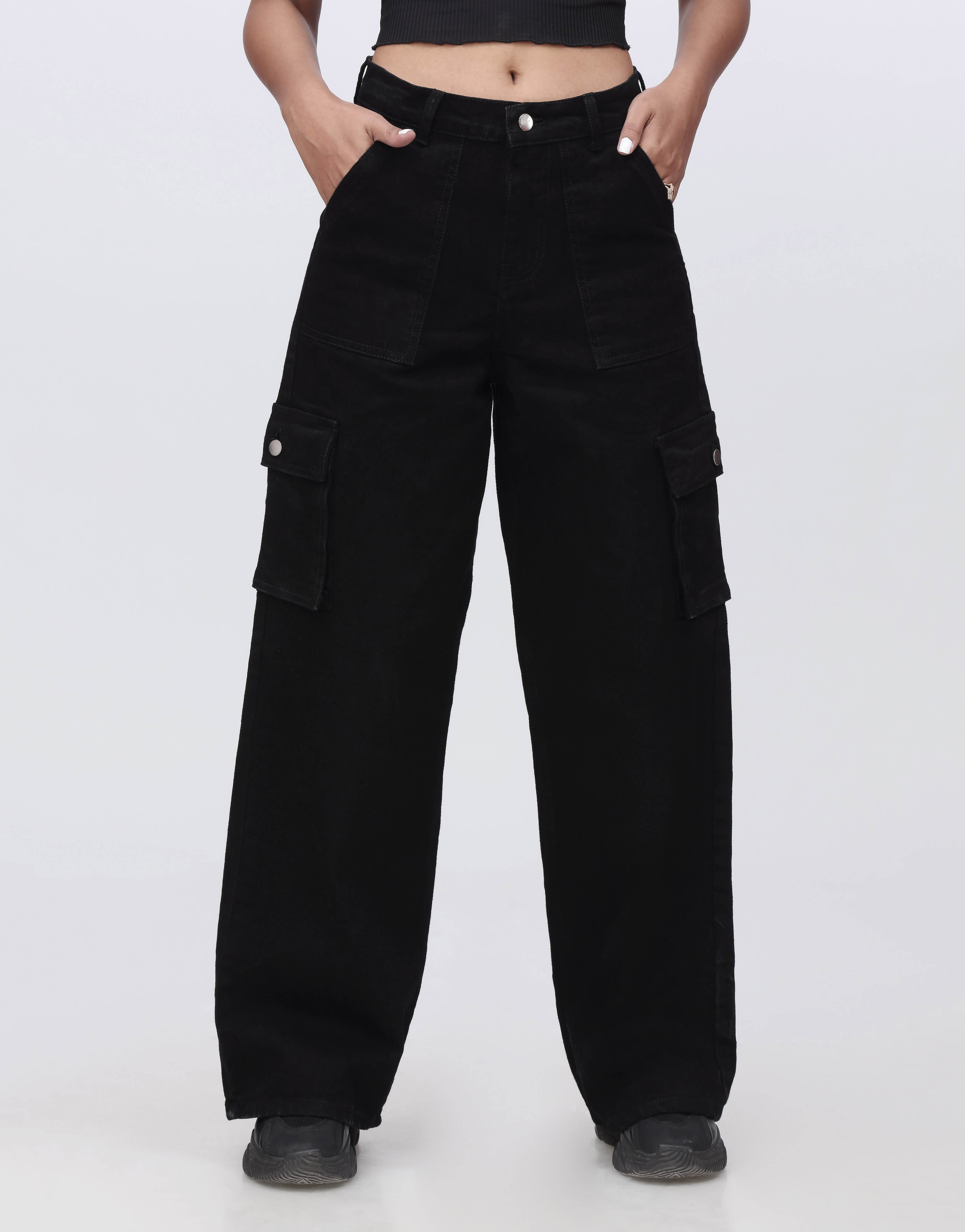 Wide Leg Flap Pocket Cargo Jeans Jet Black Minor Fault